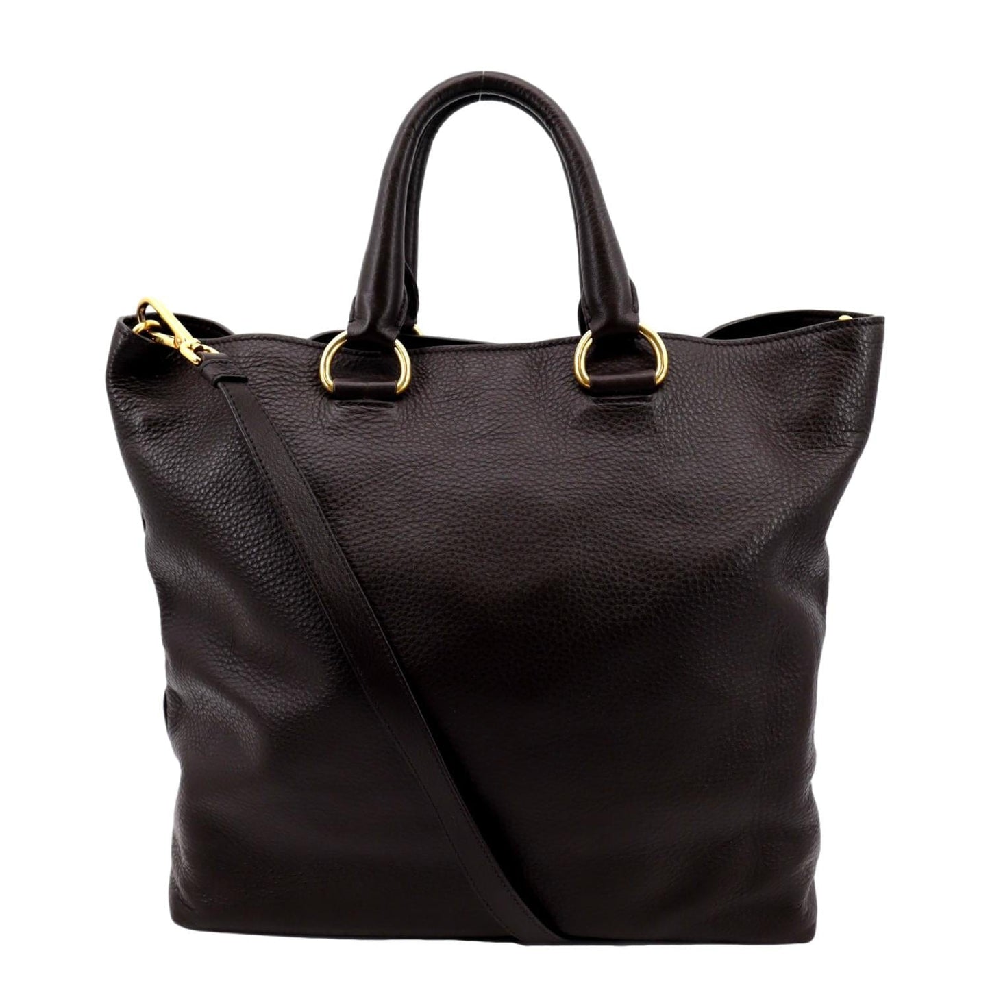 PRADA Vitello Daino Leather Tote Shoulder Bag Dark Brown