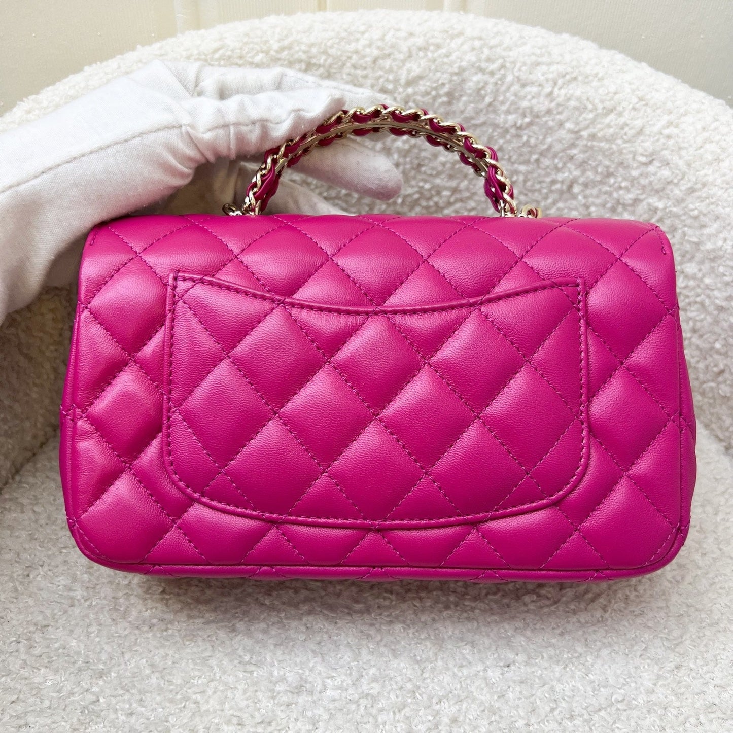 Chanel 23A Mini Rectangle Flap with Crystals Top Handle in Hot Pink Lambskin and LGHW (Model: AS4141) Handbag