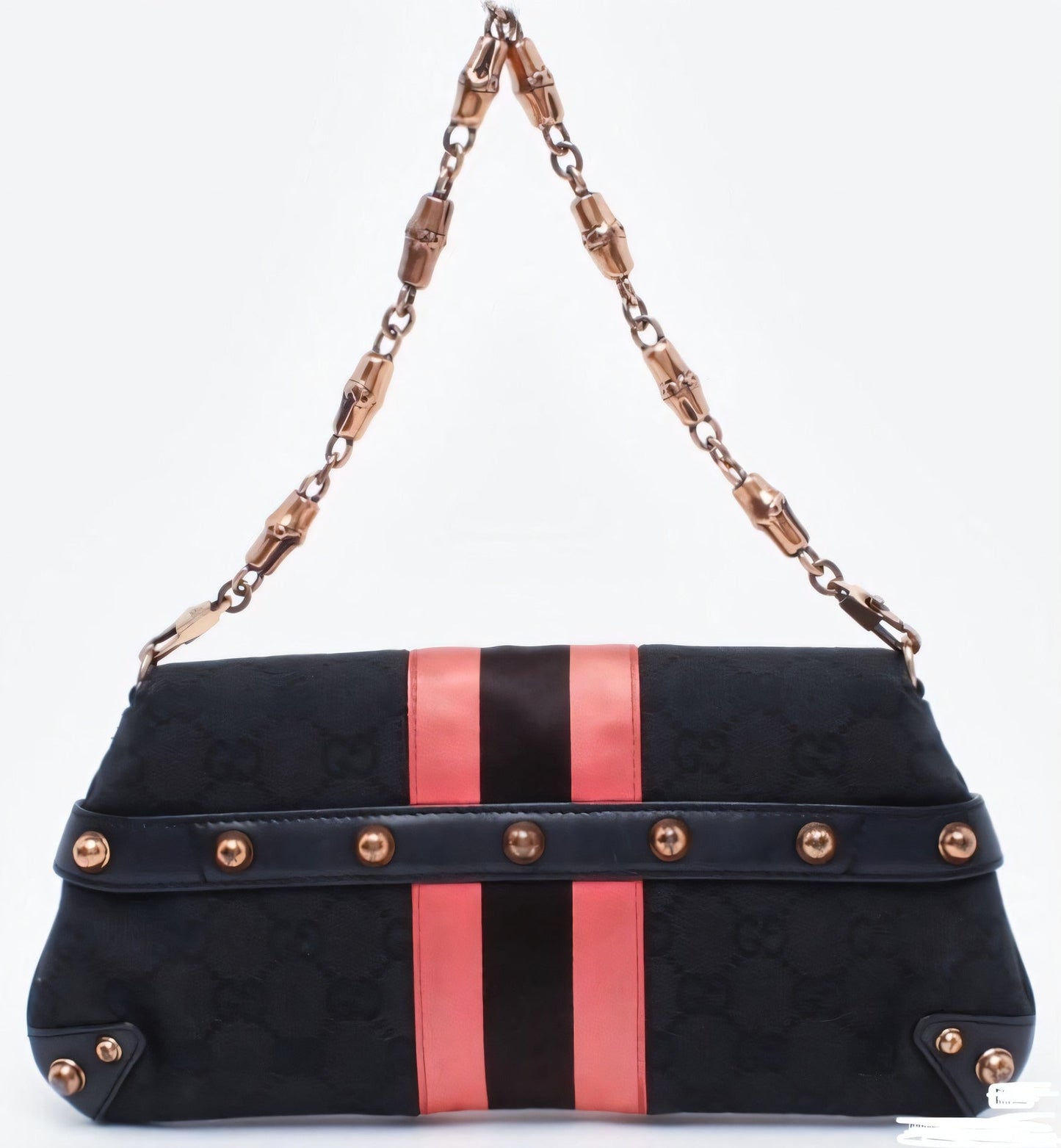 Gucci Horsebit 1955 Chain Shoulder bag Black monogram with Pink silk stripe