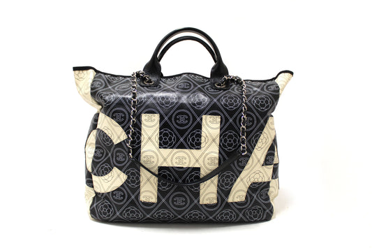 Chanel Black and Beige Coated Canvas Camellia Flower Tote Bag
