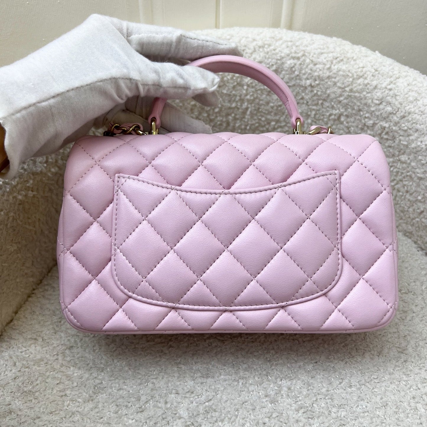 [Brand New] Chanel Top Handle Mini Rectangle Flap in 25S Light Pink Lambskin AGHW (Model: AS2431) Handbag