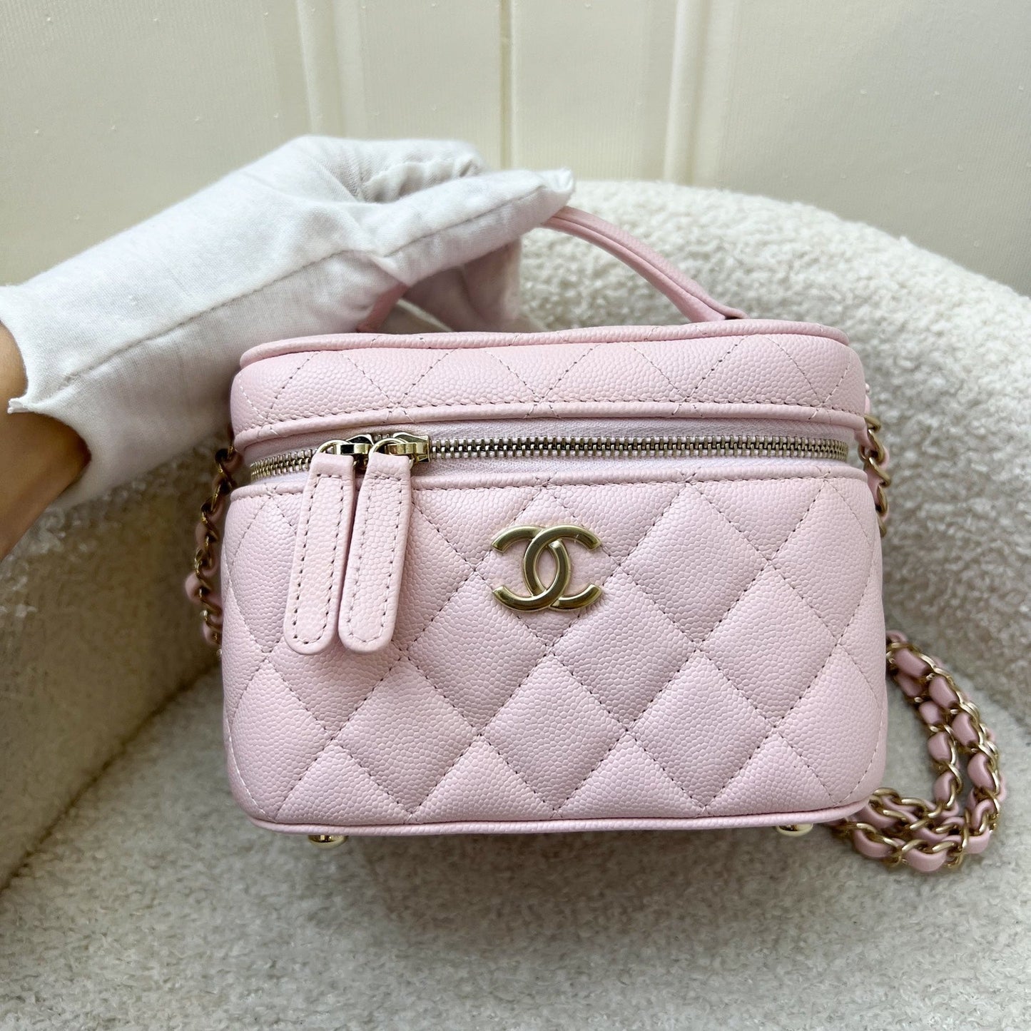 Chanel 22S Top Handle Vanity Case with Chain in Pink Caviar LGHW (Model: AS3171) Handbag