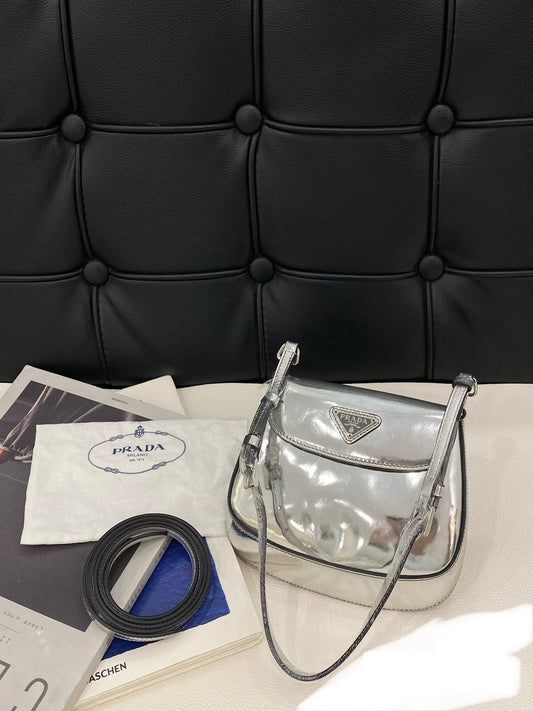 Prada Cleo Flap Silver Leather Shoulder bag 2 Way Carry Short and Long Strap