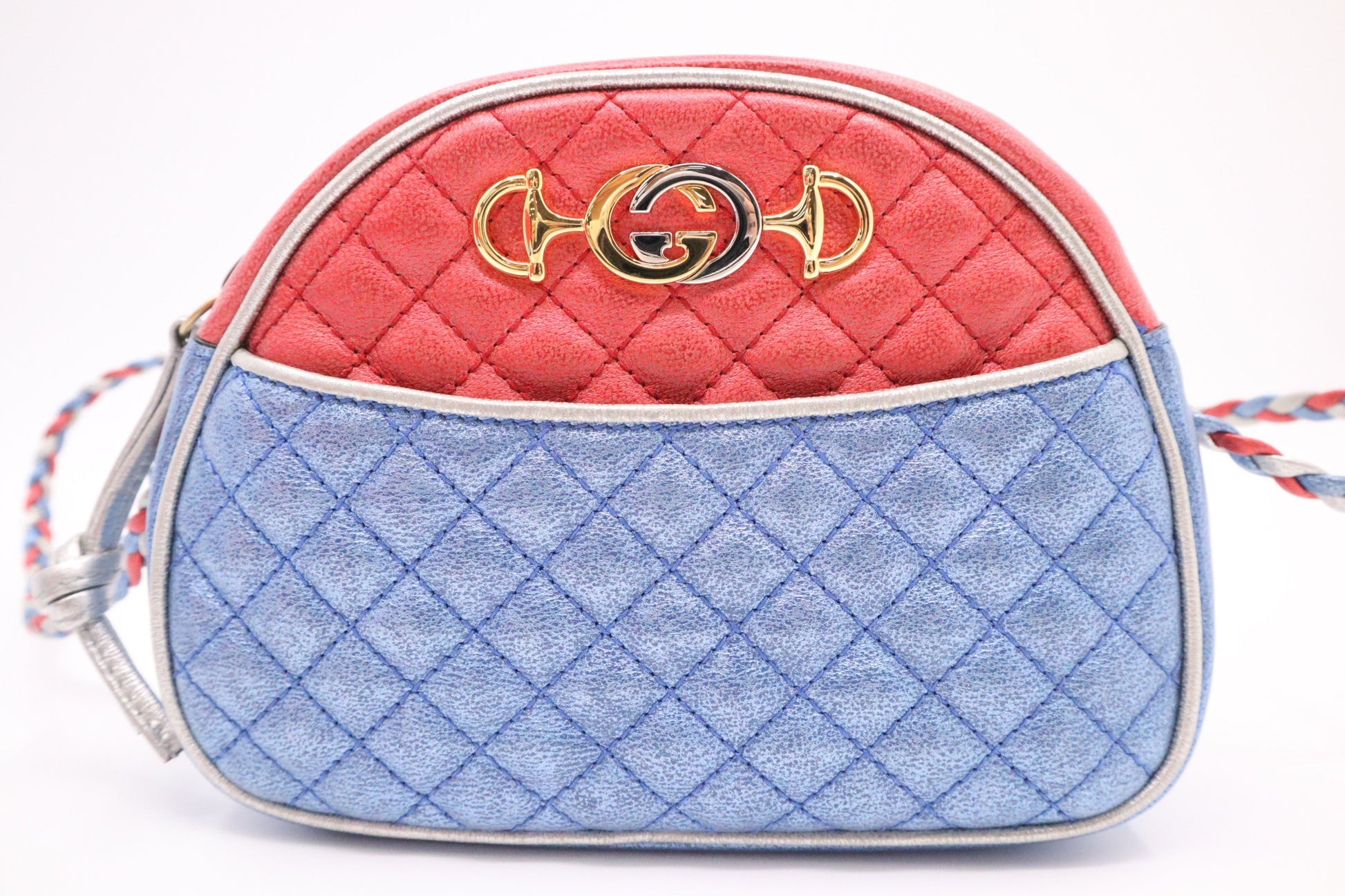 Gucci Trapuntata Crossbody Bag in Blue White and Red Metallic Leather