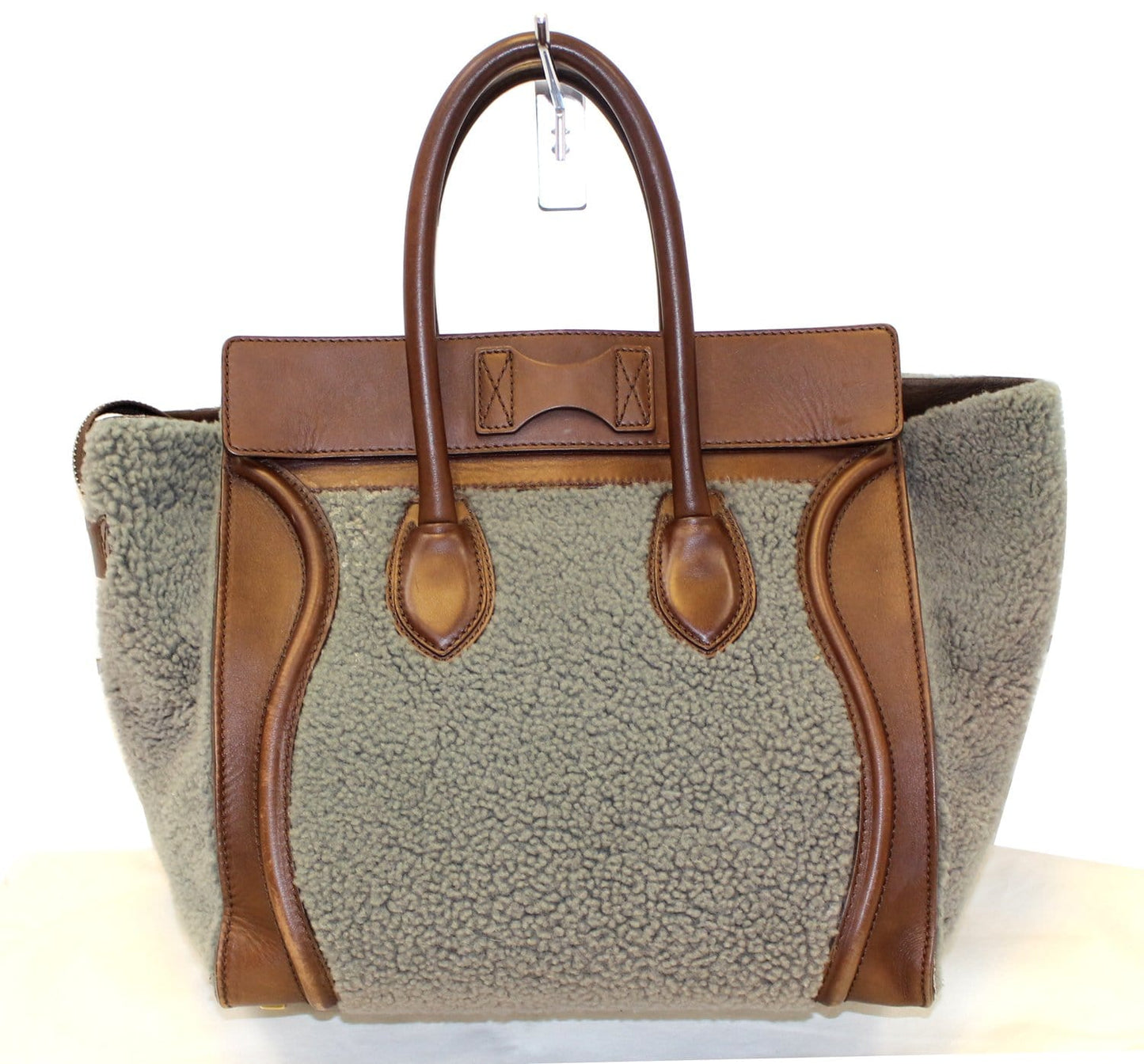 CELINE Grey Shearling Brown Leather Mini Luggage Tote Bag