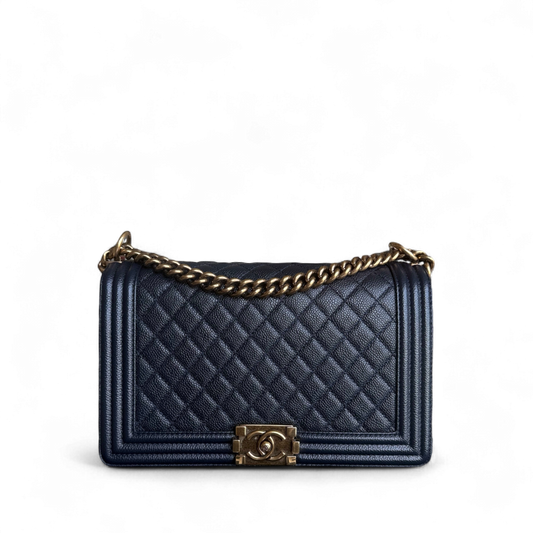 Chanel Boy New Medium - 28CM Caviar Quilted Grained Calfskin Dark Navy Blue Ruthenium Gold Hardware Series 19
