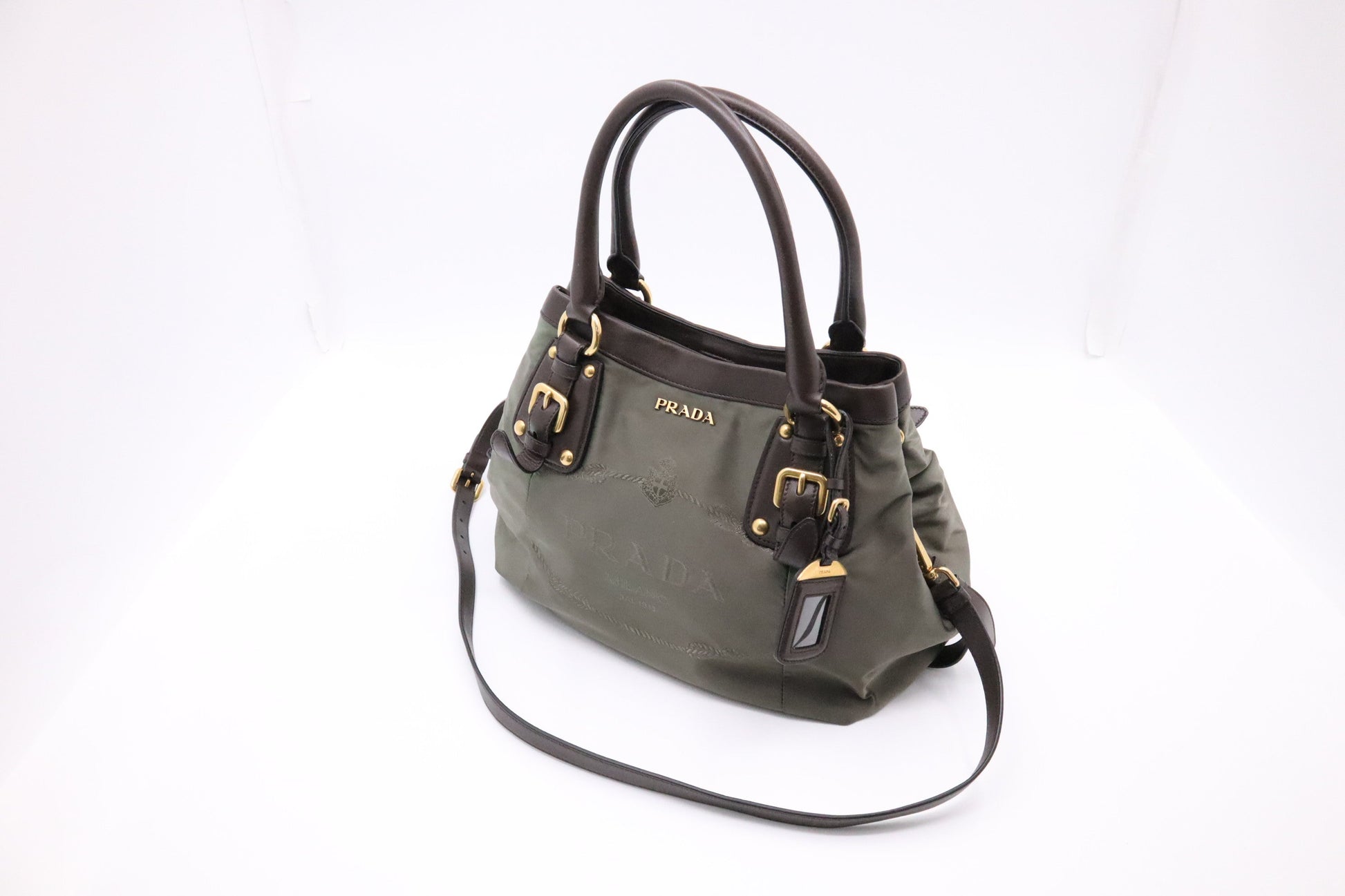 Prada 2-way handbag in Military Green Nylon and Brown Leather