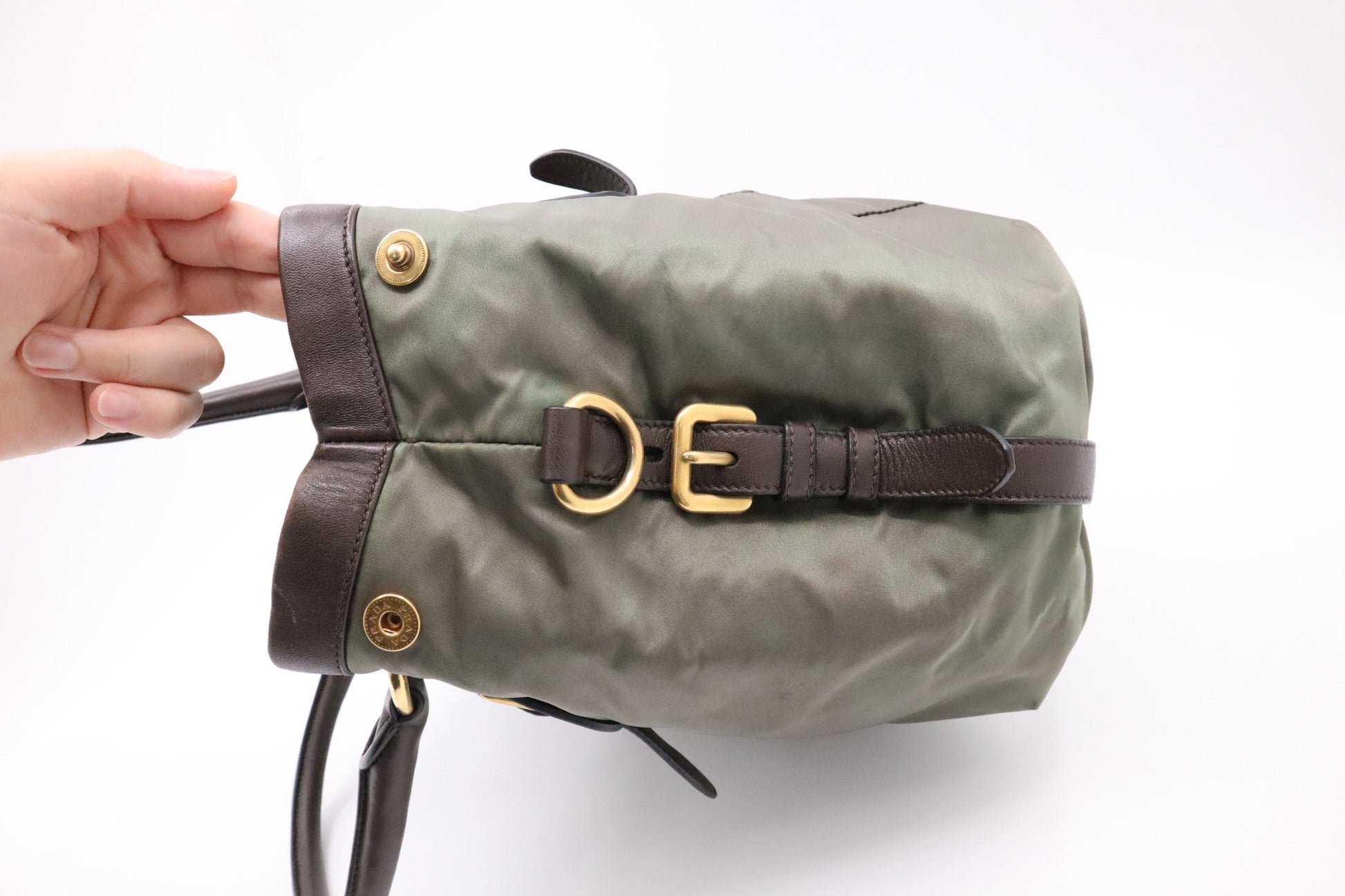 Prada 2-way handbag in Military Green Nylon and Brown Leather