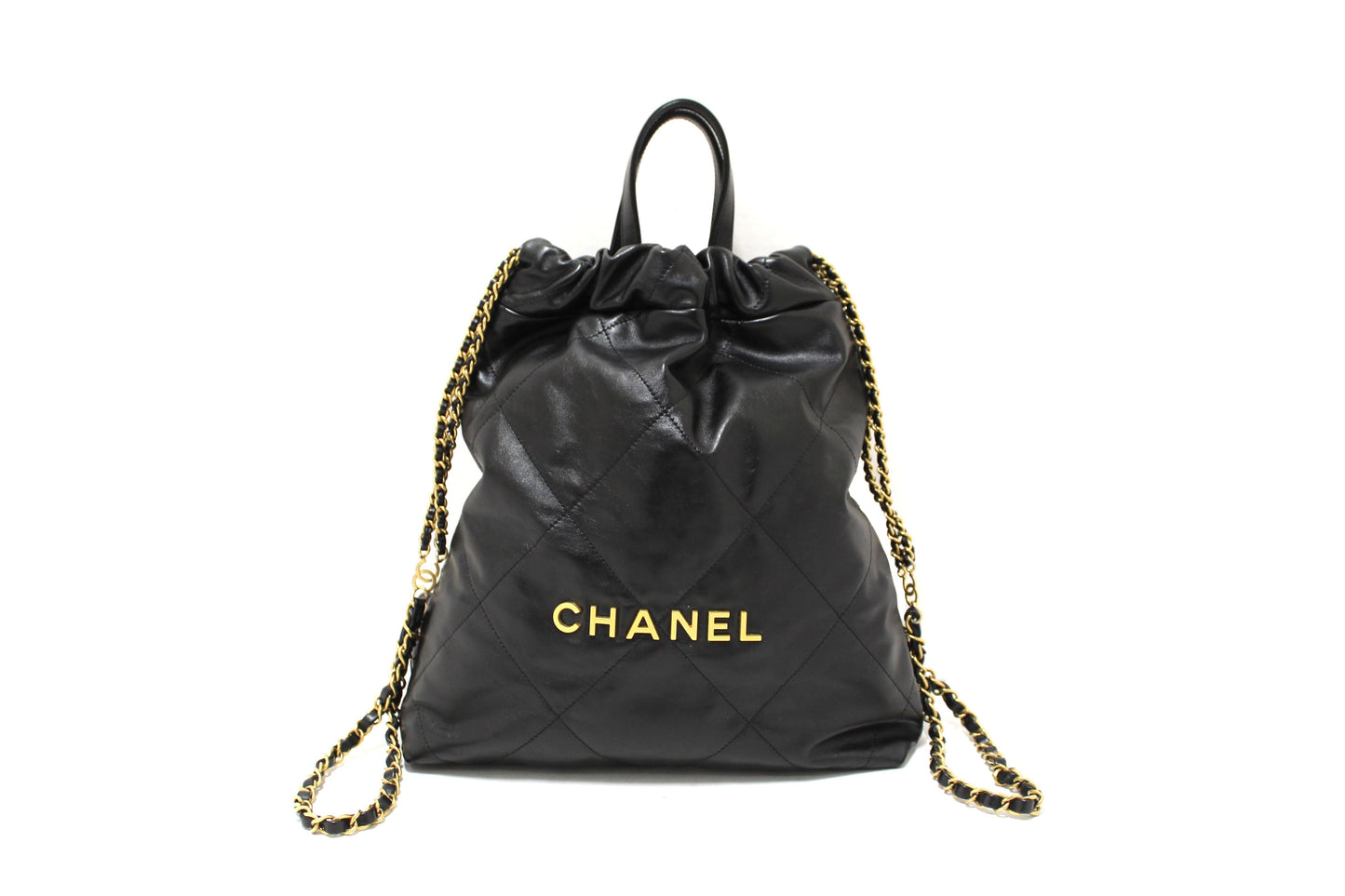 Chanel Black Chanel Calfskin Leather Drawstring Chain Backpack