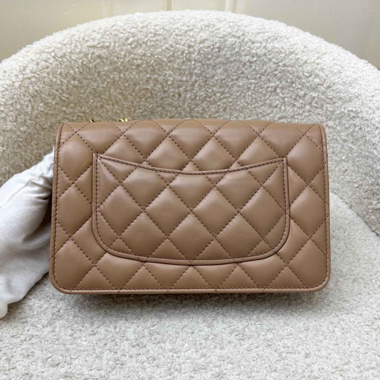 Chanel 22K Wallet on Chain WOC with Adjustable Chain in Dark Beige Lambskin and AGHW (Model: AP3043) Crossbody