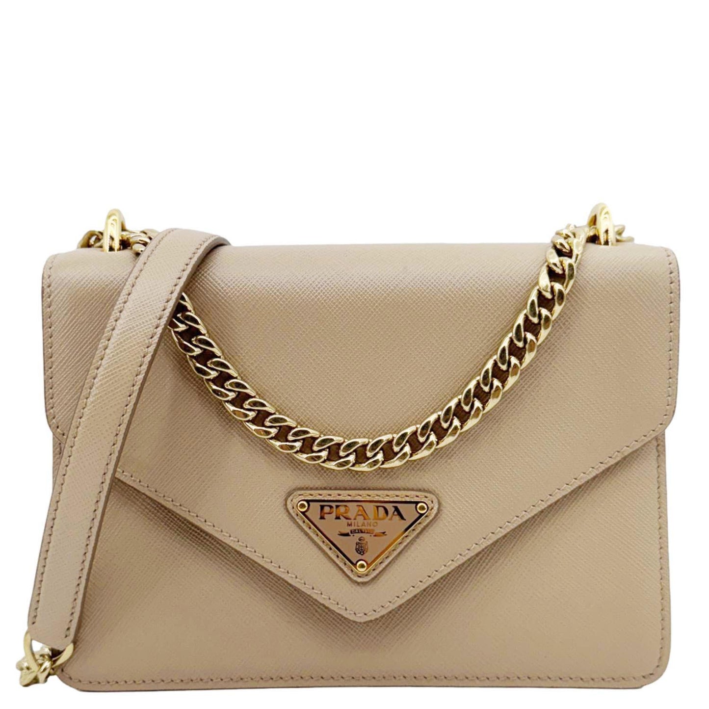 PRADA Metal Triangle Envelope Saffiano Leather Chain Shoulder Bag Beige