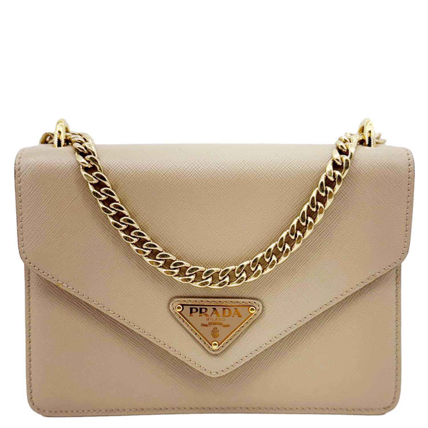 PRADA Metal Triangle Envelope Saffiano Leather Chain Shoulder Bag Beige