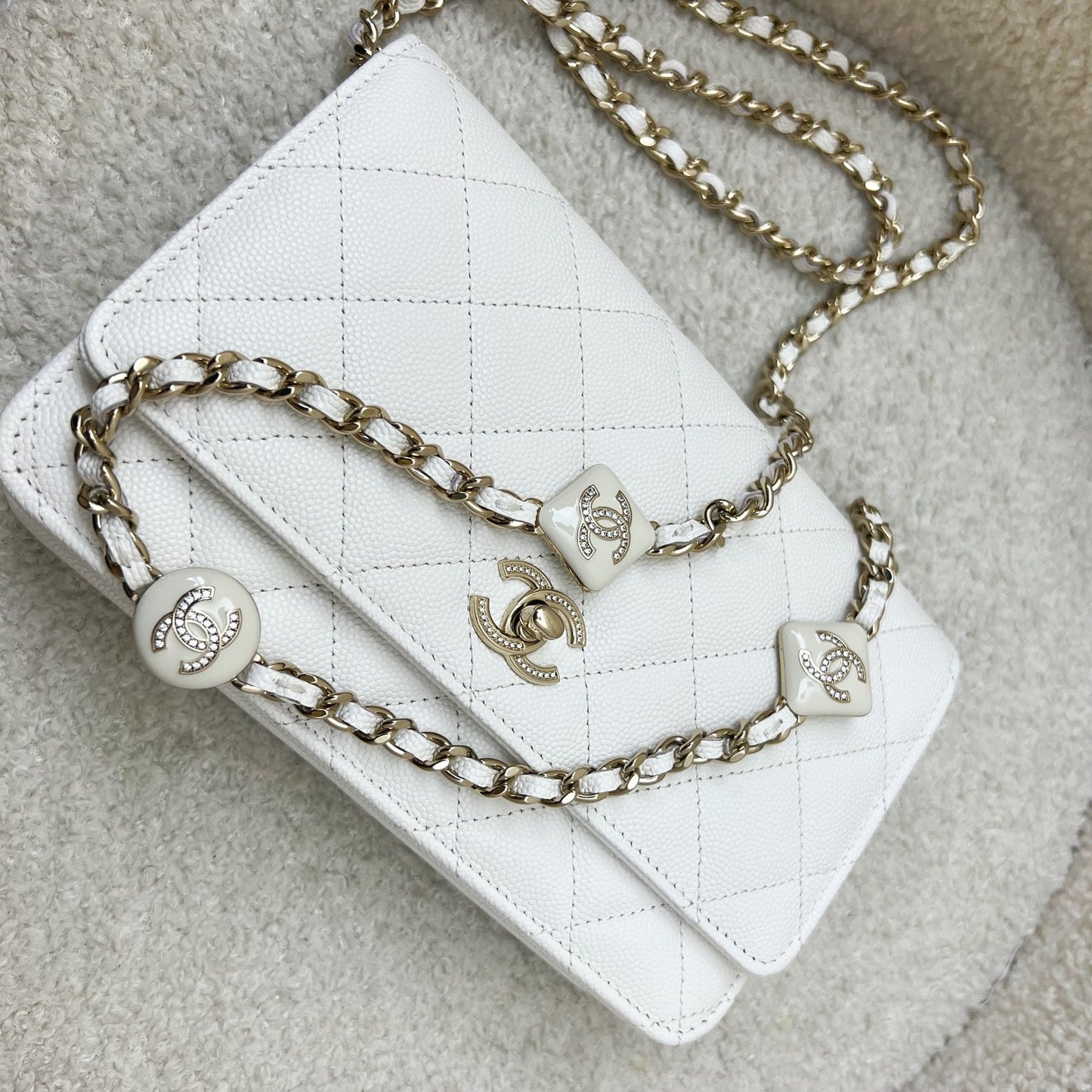 Chanel 25P Wallet on Chain WOC in White Caviar and LGHW (Model: AP4299) Crossbody