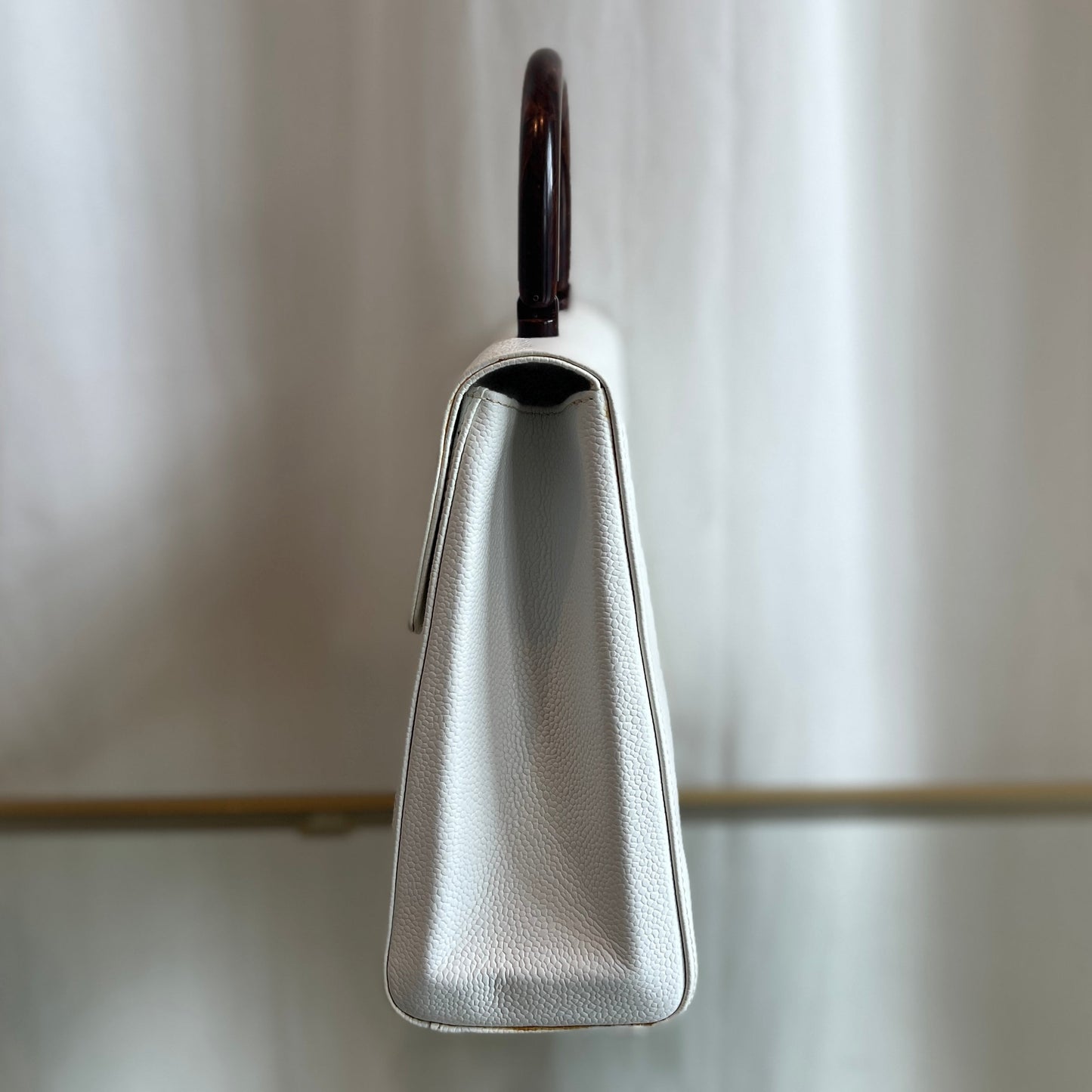 CHANEL White Caviar Leather Wood Top Handle Coco Mark Satchel Handbag
