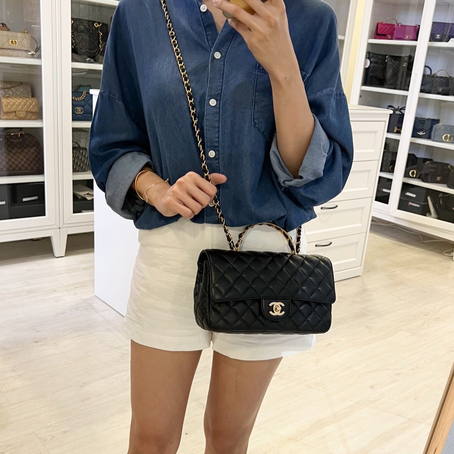 Chanel 23K Small Flap with Top Handle in Black Lambskin and AGHW (Model: AS4408) Handbag