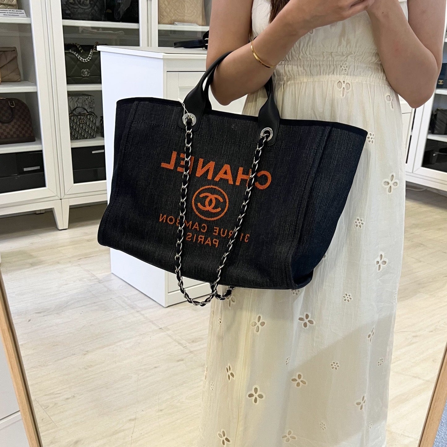 Chanel Medium / Large Deauville Tote in Fabric, Navy Leather Trim and SHW (Model: A66941)