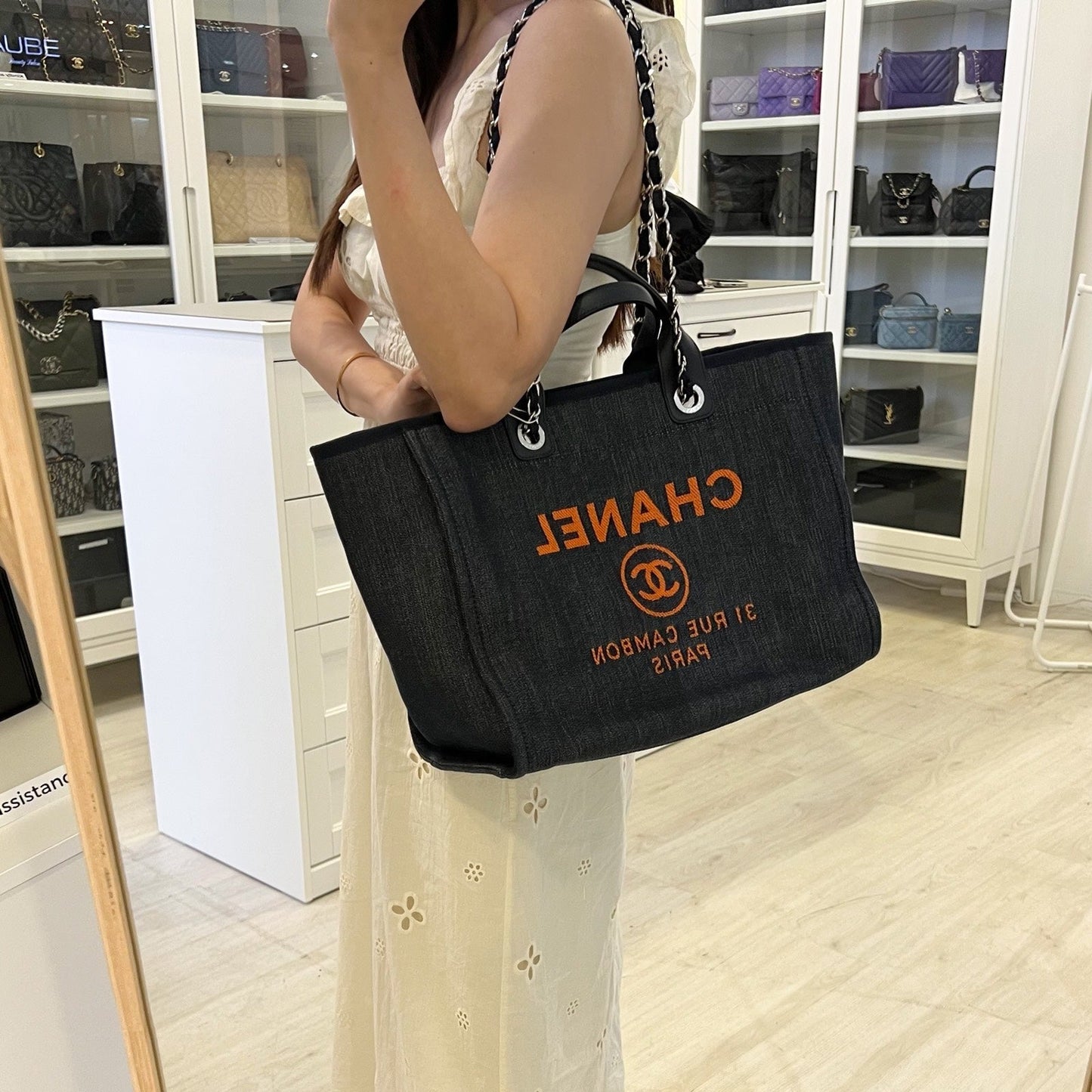 Chanel Medium / Large Deauville Tote in Fabric, Navy Leather Trim and SHW (Model: A66941)