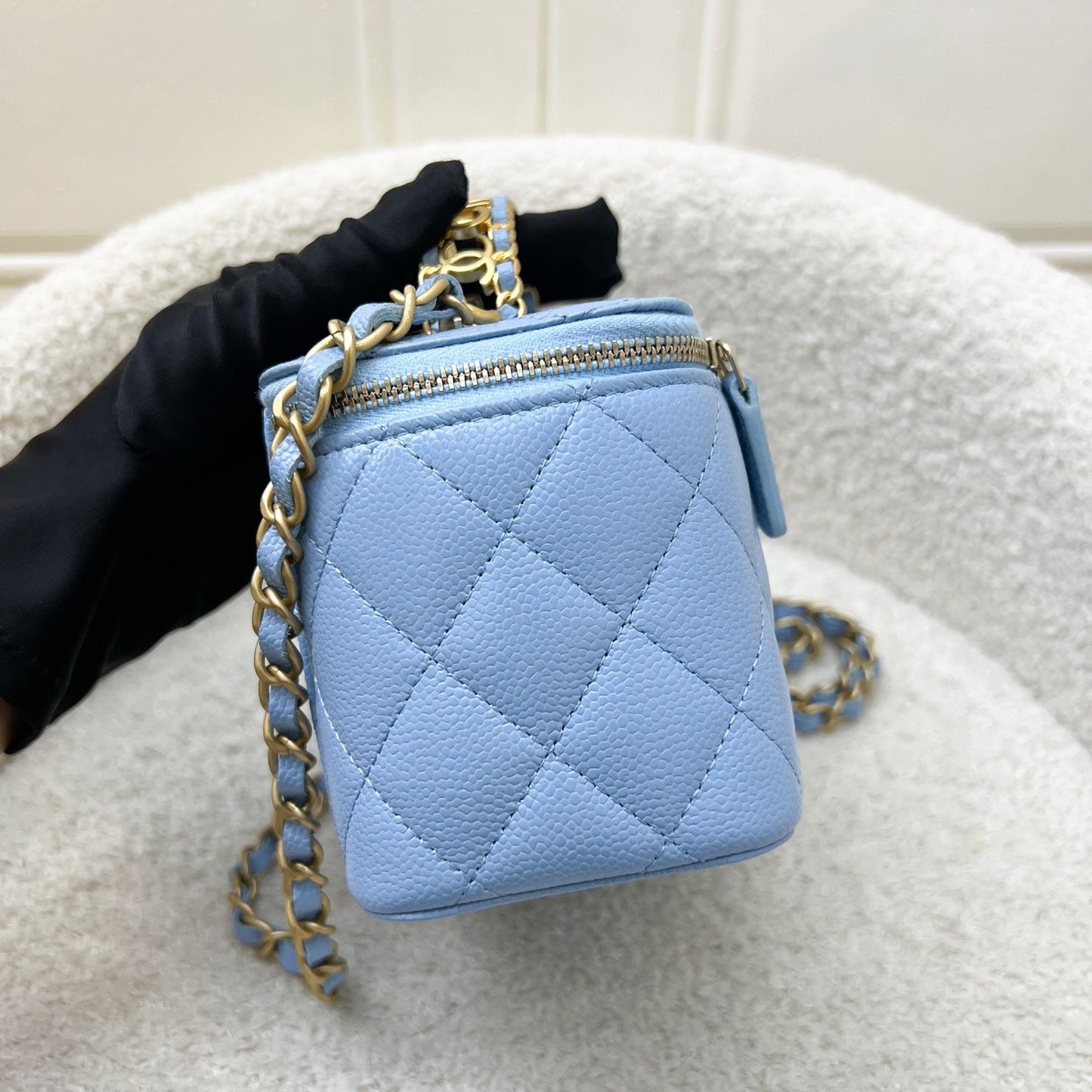 Chanel 22S "Pick Me Up" Vanity with Top Handle in Baby Blue Caviar and AGHW (Model: AP2805) Handbag