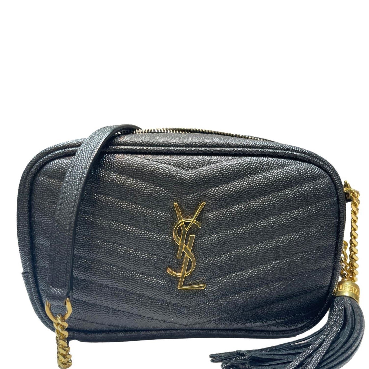SAINT LAURENT Lou Chevron Leather Camera Bag Black
