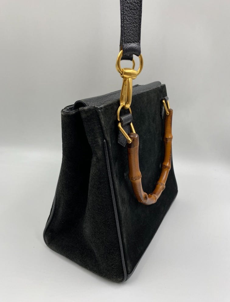 Gucci Bamboo Black Leather Suede Tote Style 1
