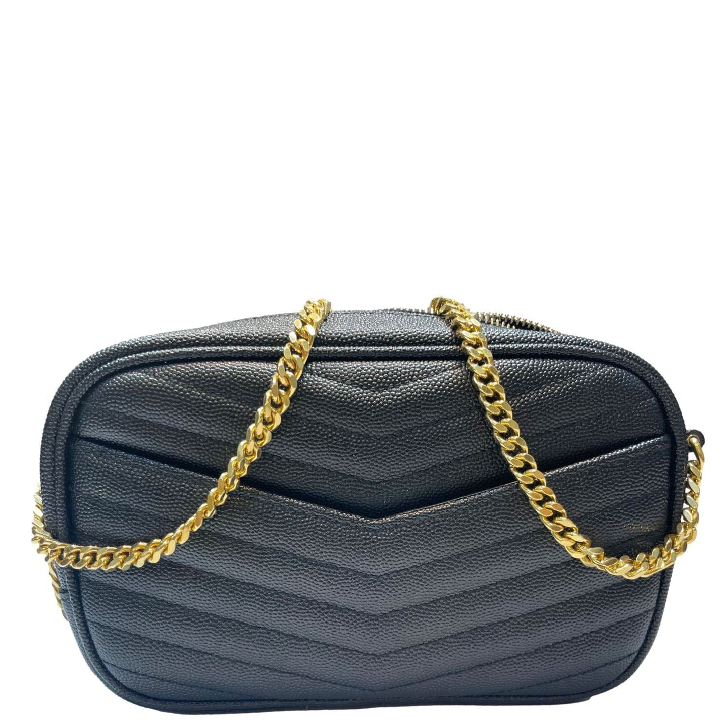 SAINT LAURENT Lou Chevron Leather Camera Bag Black