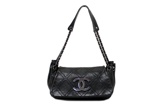 Chanel Black Diamond Stitch Accordion Flap Shoulder Bag