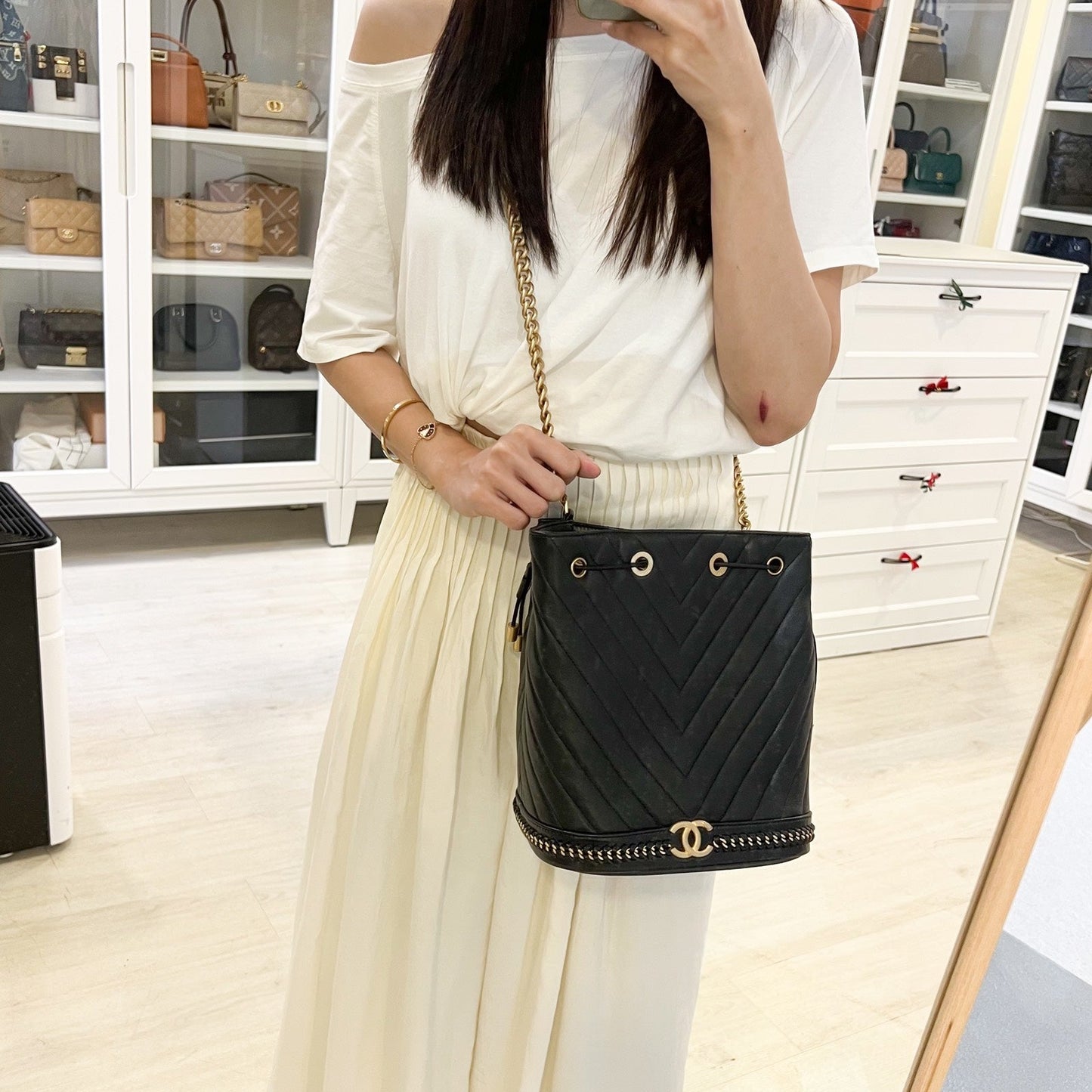 Chanel Chain Around Bucket Bag in Black Chevron Calfskin and AGHW