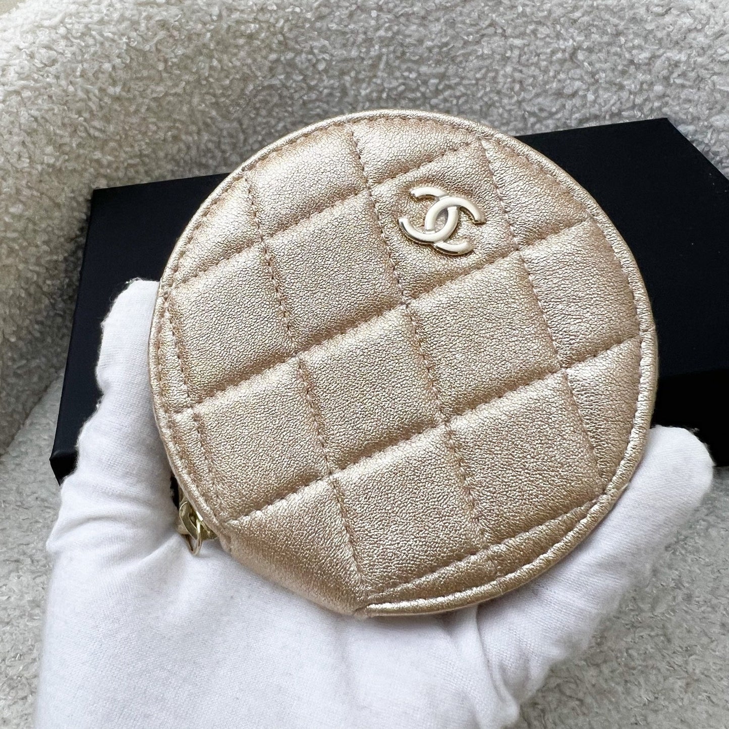 Chanel 2024 VIP Gift Round Pouch and Airpods Holder Bag Charm in Metallic Gold Lambskin and LGHW