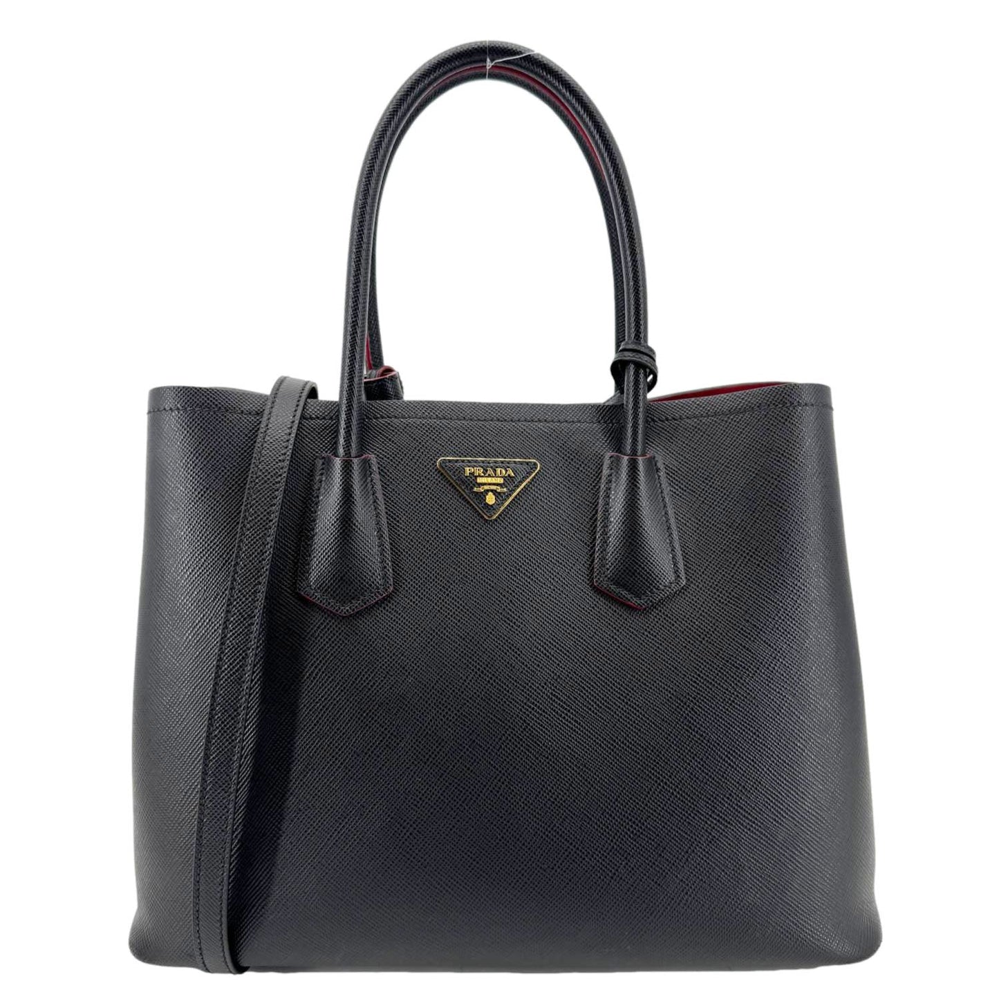 PRADA Double Handle Medium Saffiano Leather Shoulder Bag Black