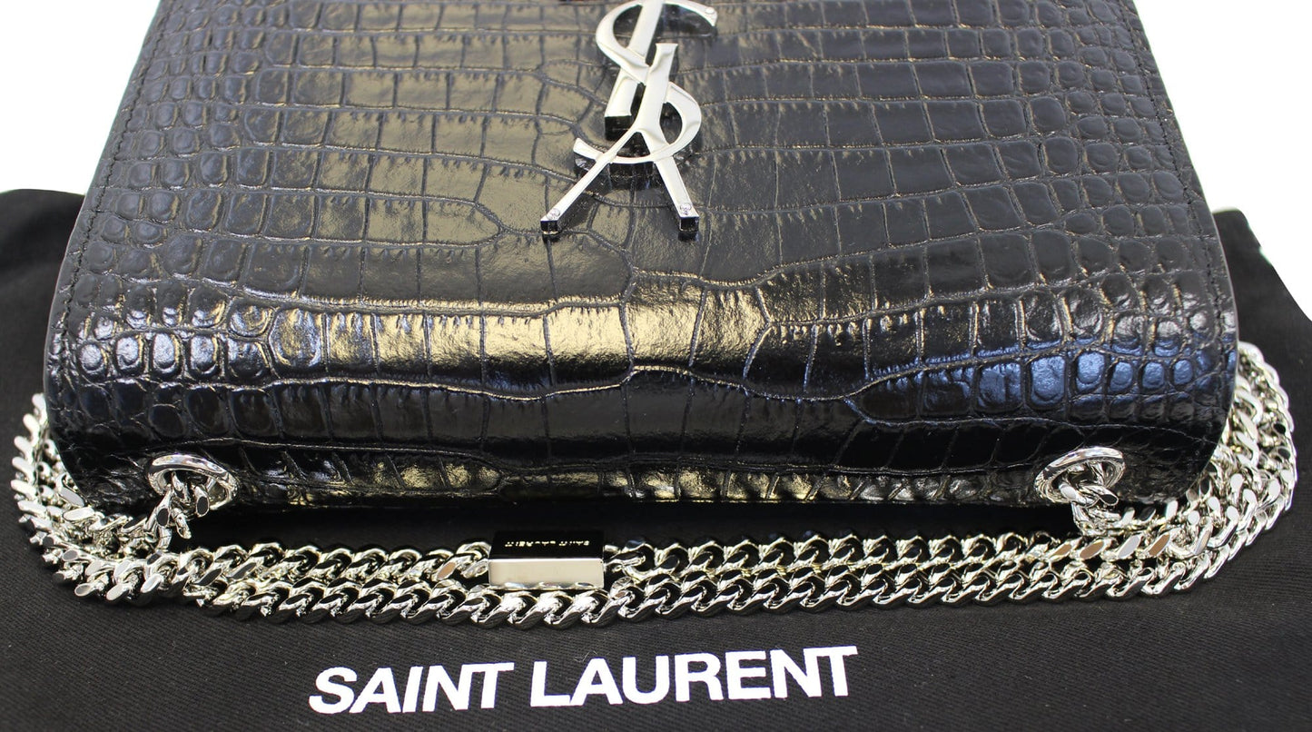 SAINT LAURENT Crocodile Black Leather Silver Chain Clutch Crossbody Bag