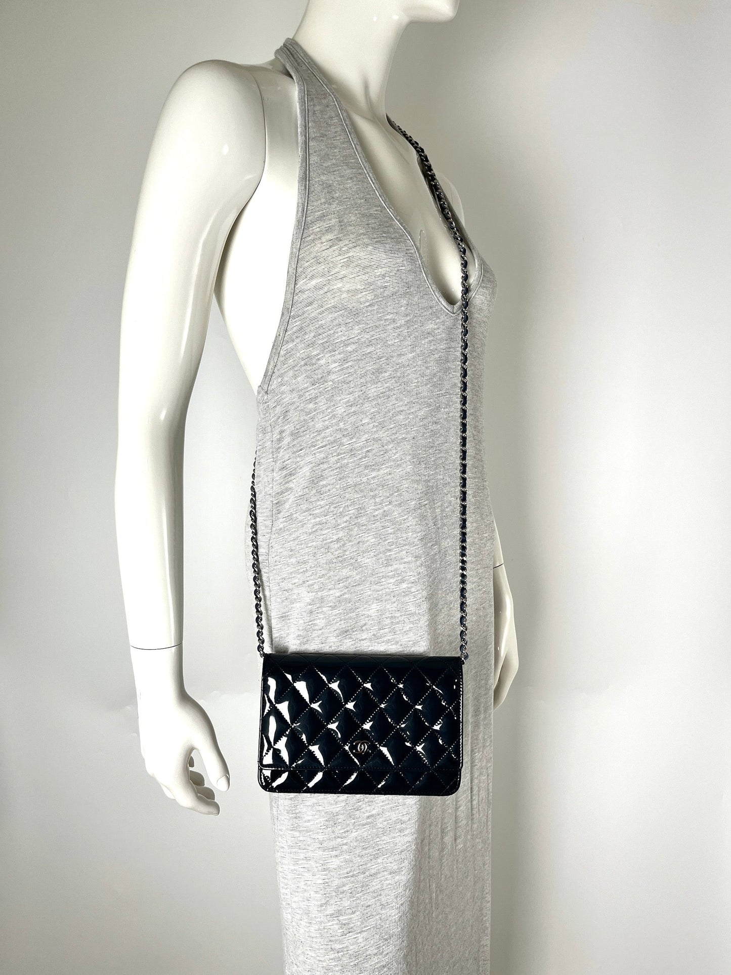 CHANEL 14C WOC Wallet on Chain Navy Blue Patent Leather Crossbody Bag