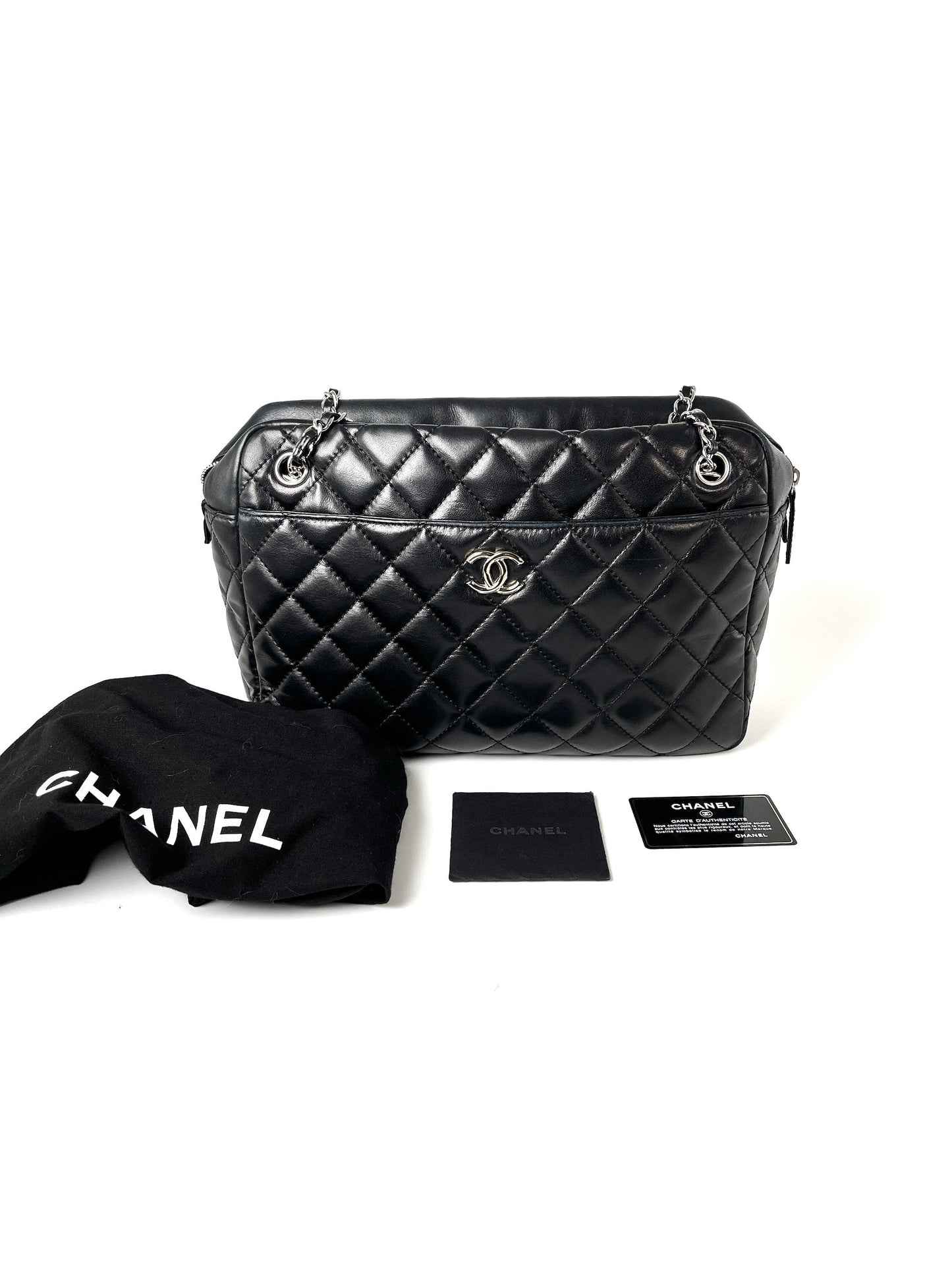 CHANEL Black Quilted Camera Case Jumbo Leather Tote Bag