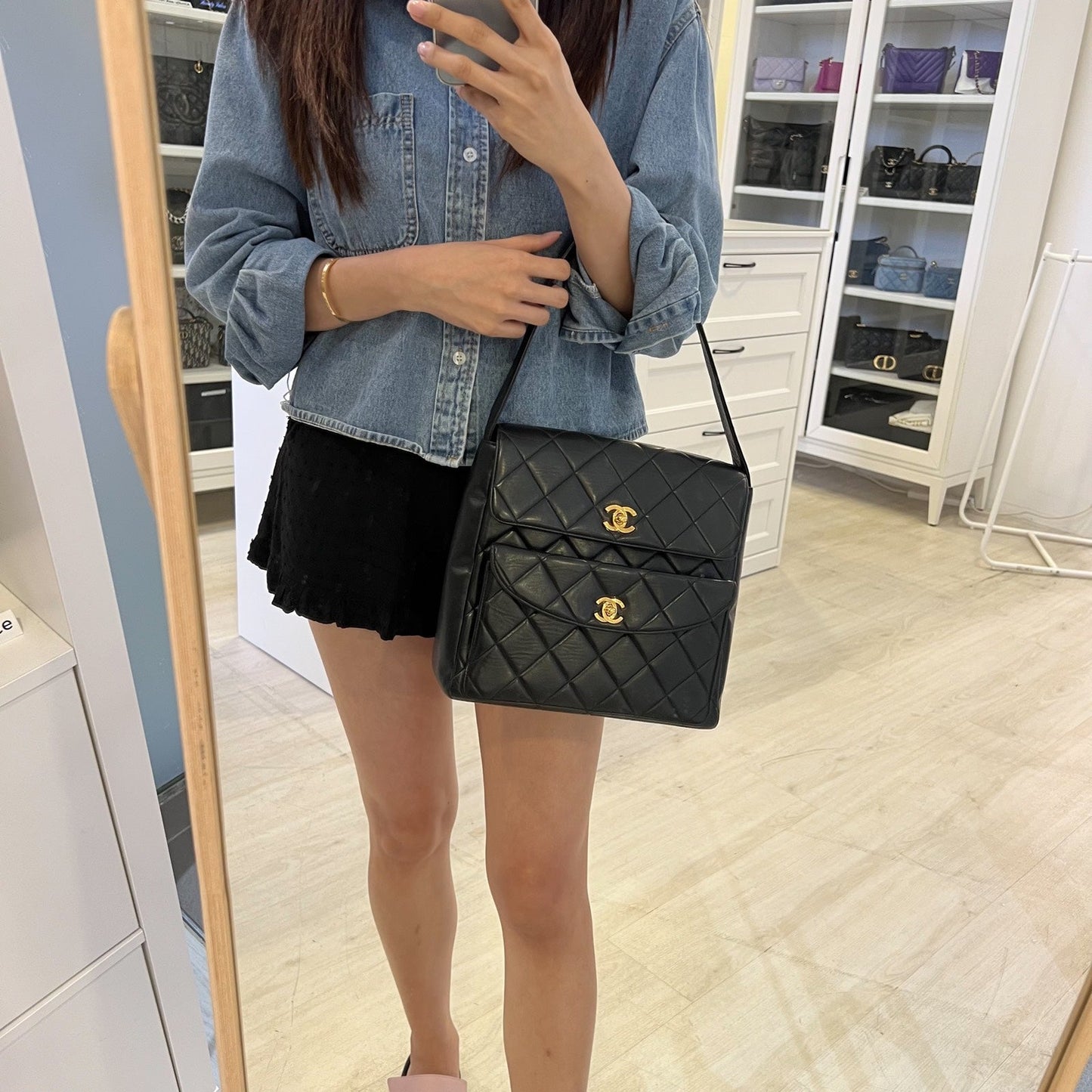 Chanel Double Pocket Shoulder Bag in Black Lambskin and 24K GHW