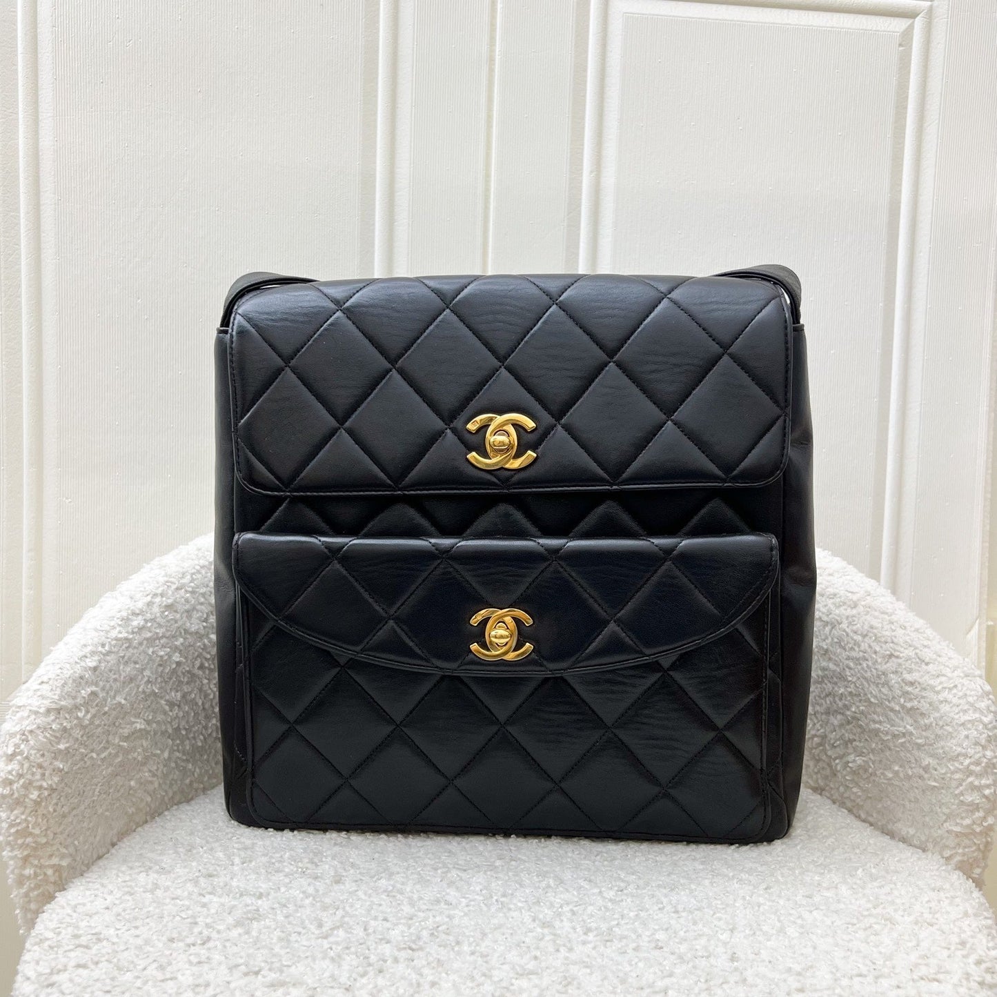 Chanel Double Pocket Shoulder Bag in Black Lambskin and 24K GHW
