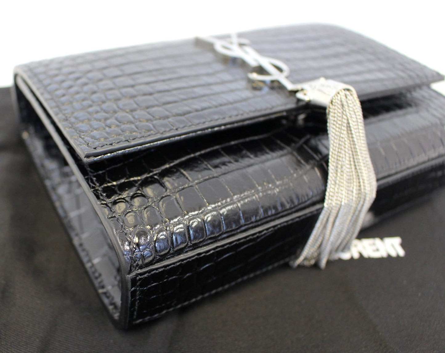 SAINT LAURENT Crocodile Black Leather Silver Chain Clutch Crossbody Bag
