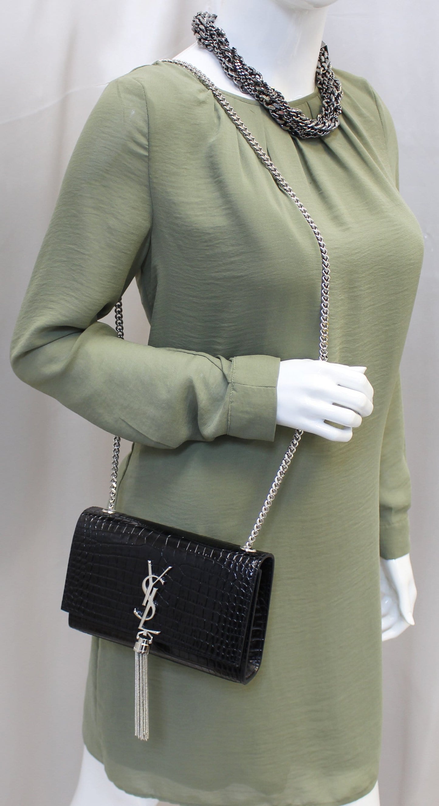 SAINT LAURENT Crocodile Black Leather Silver Chain Clutch Crossbody Bag