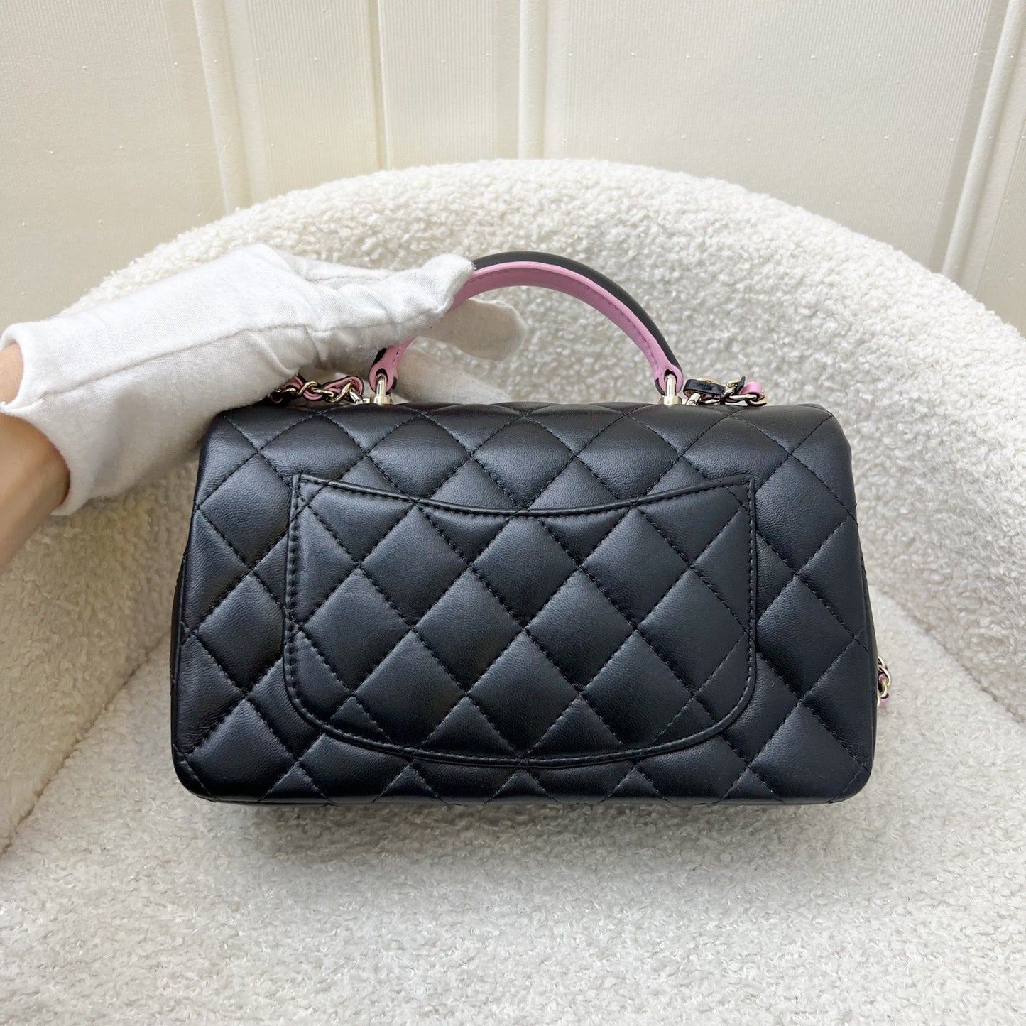 Chanel 23P Top Handle Mini Rectangular Flap in Black and Pink Lambskin LGHW (Model: AS2431) Handbag