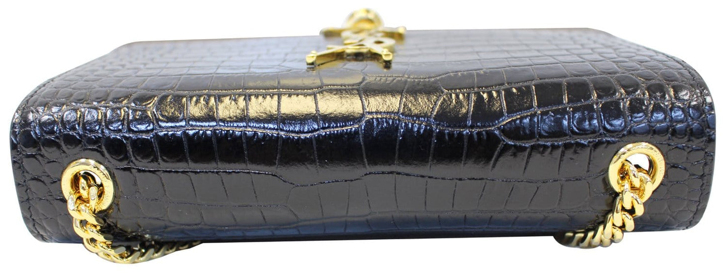 SAINT LAURENT Crocodile Black Leather Gold Chain Clutch Crossbody Bag