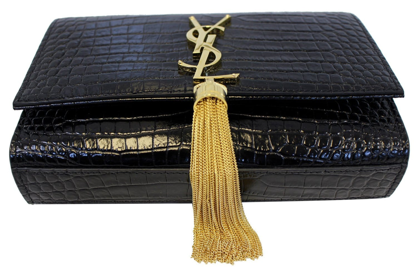 SAINT LAURENT Crocodile Black Leather Gold Chain Clutch Crossbody Bag