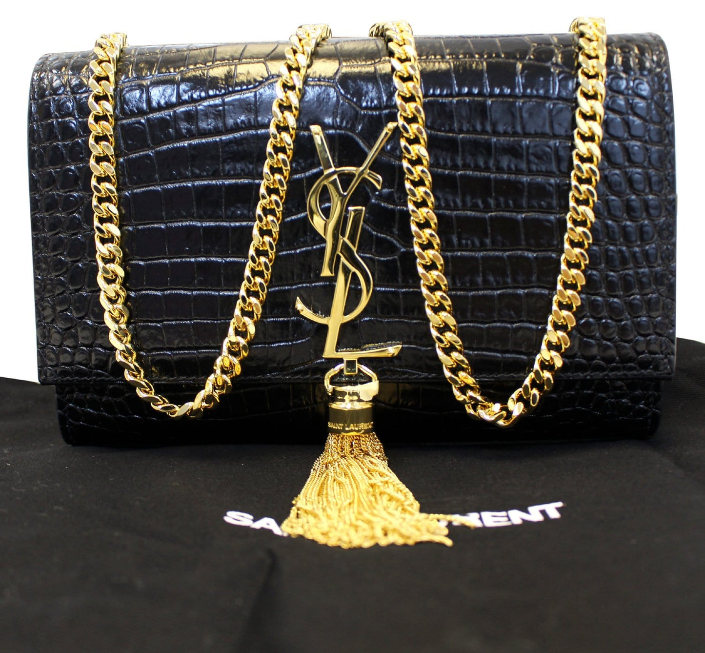 SAINT LAURENT Crocodile Black Leather Gold Chain Clutch Crossbody Bag