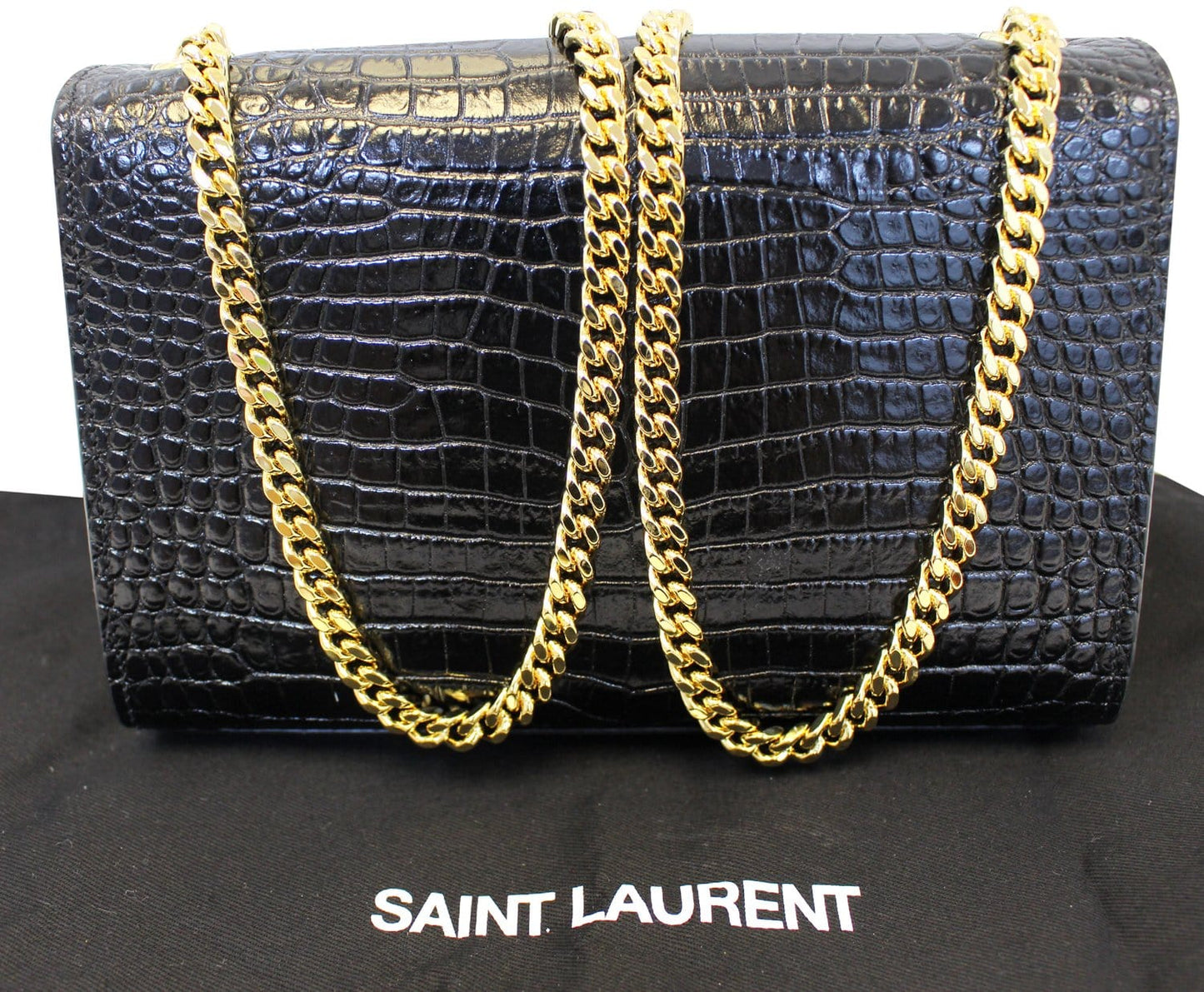 SAINT LAURENT Crocodile Black Leather Gold Chain Clutch Crossbody Bag