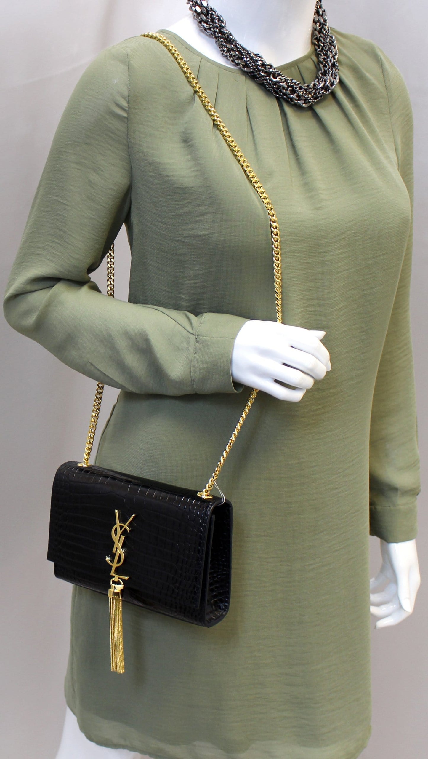 SAINT LAURENT Crocodile Black Leather Gold Chain Clutch Crossbody Bag