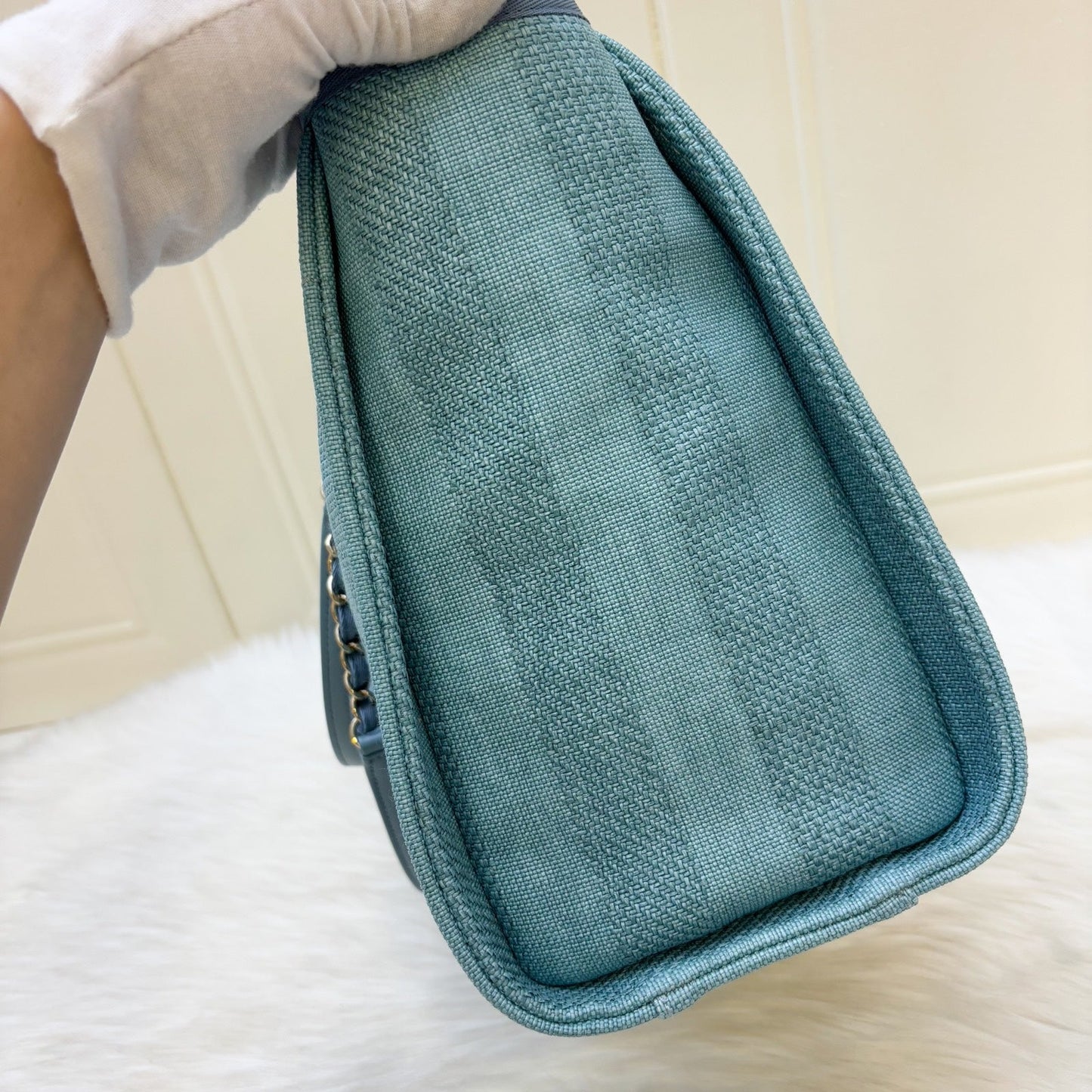 Chanel Small / Medium Deauville Tote in Green / Turquoise Fabric and LGHW (Model: A67001)