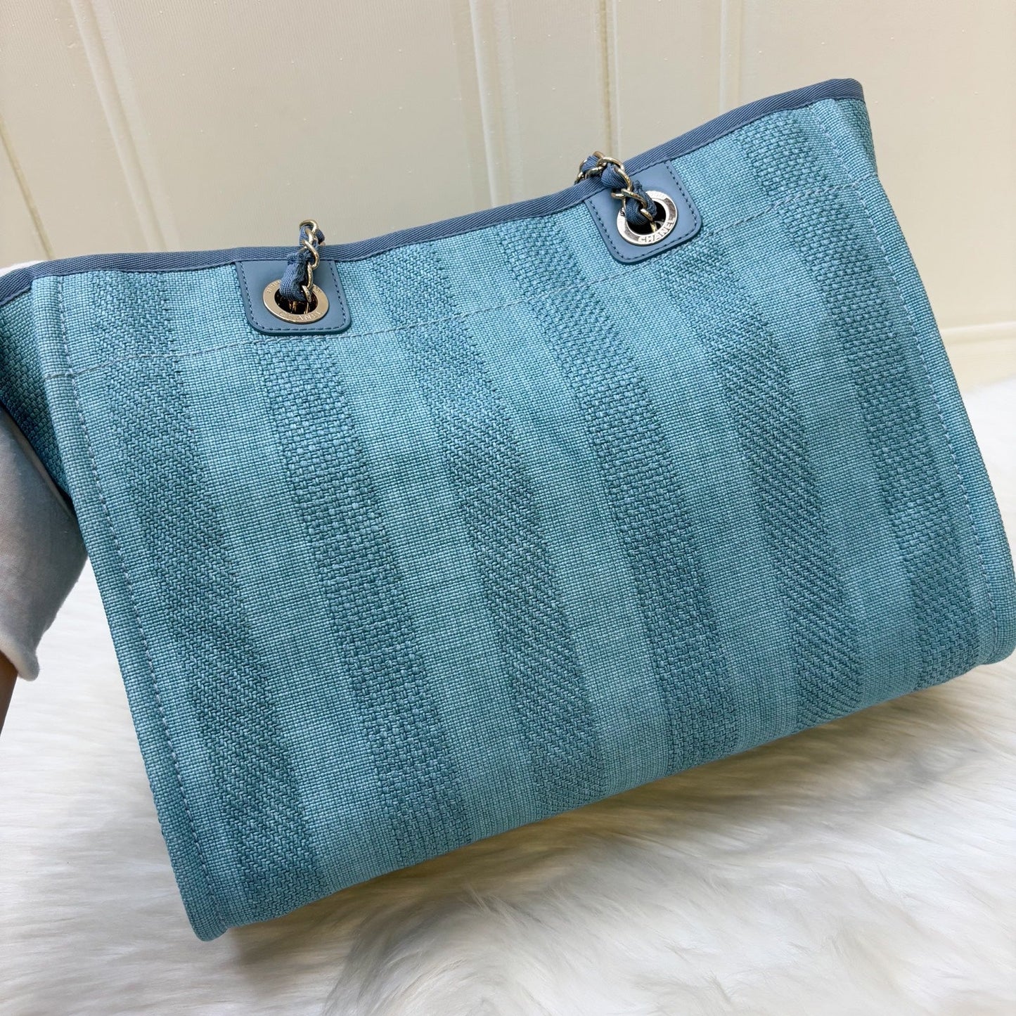 Chanel Small / Medium Deauville Tote in Green / Turquoise Fabric and LGHW (Model: A67001)