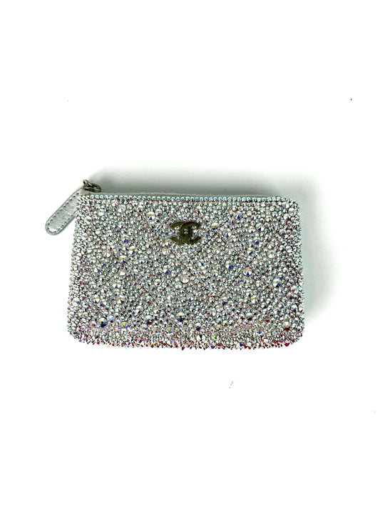 CHANEL Silver Swarovski Crystal Leather Key Pouch Case Holder Clutch