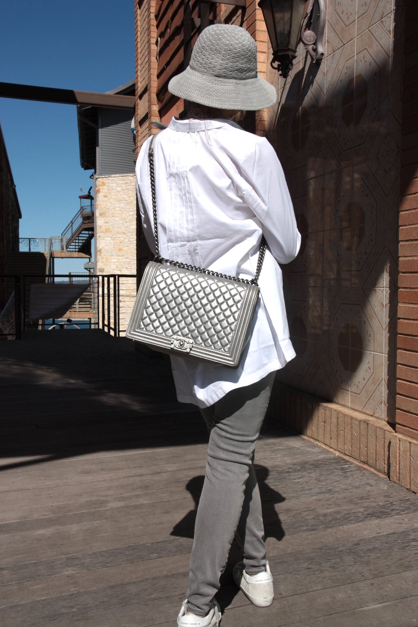 CHANEL Large Metallic Silver Quilted Boy Flap Bag