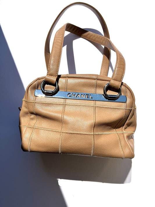 CHANEL LAX Square Quilt Bowler Dark Beige Leather Bag