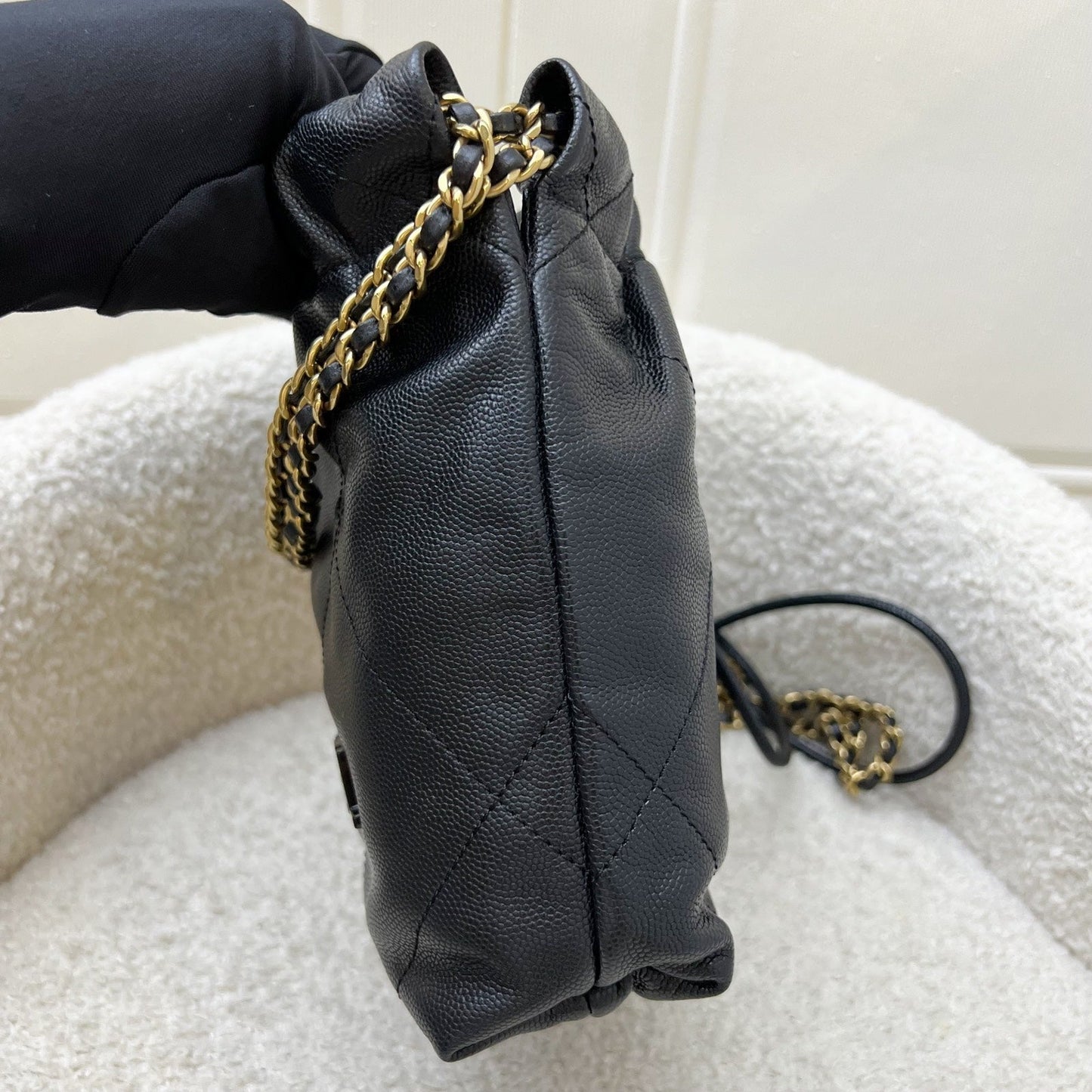 Chanel 22 Mini Hobo Handbag in Black Shiny Caviar and AGHW (Model: AS3980)