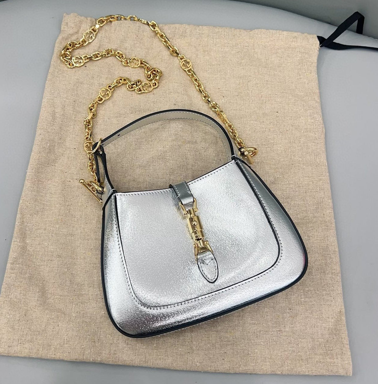 Gucci Jackie 1961 Mini Silver Lamé Leather Bag with Chain Strap