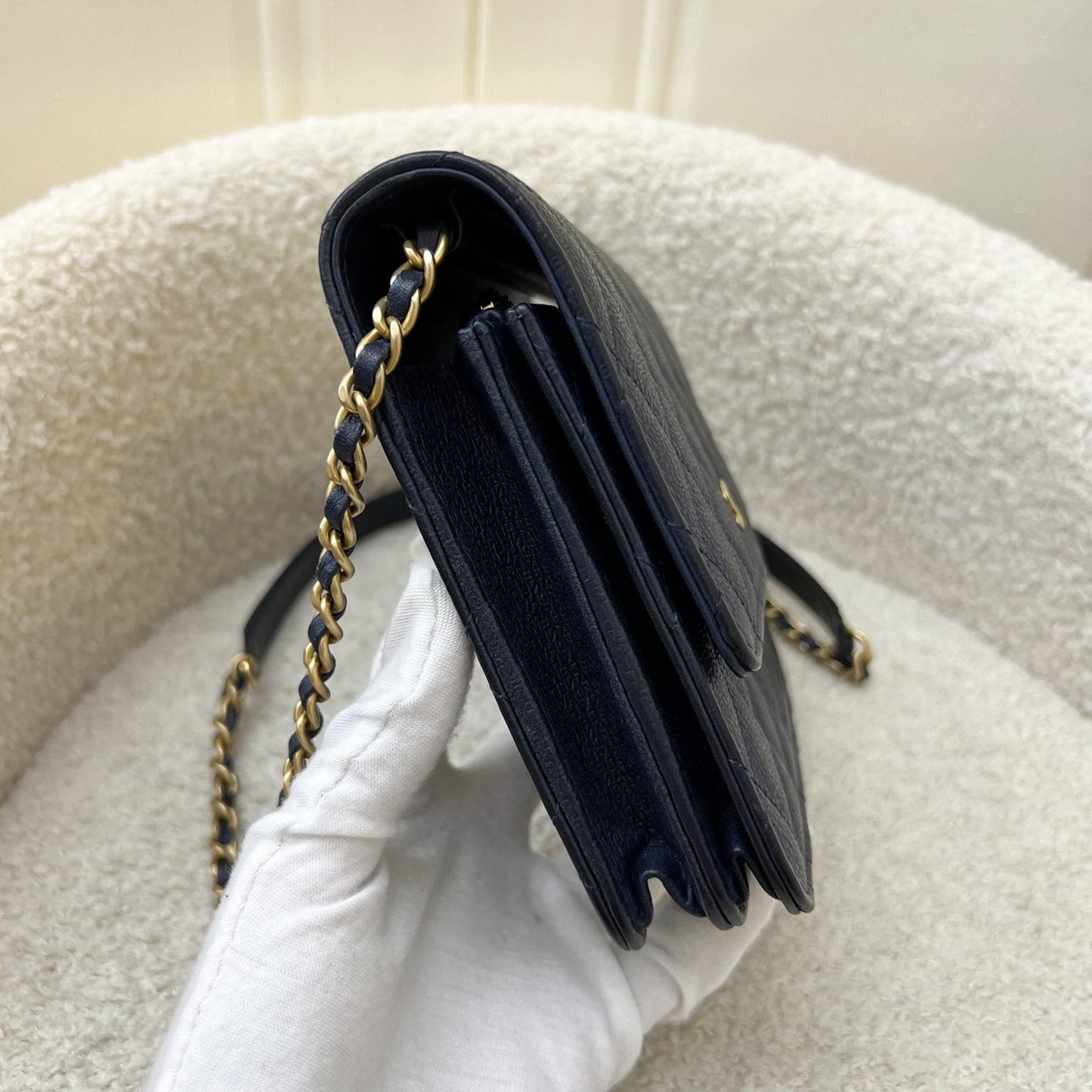Chanel Square Wallet on Chain WOC in Navy Embossed Calfskin and AGHW (Model: A84310) Crossbody